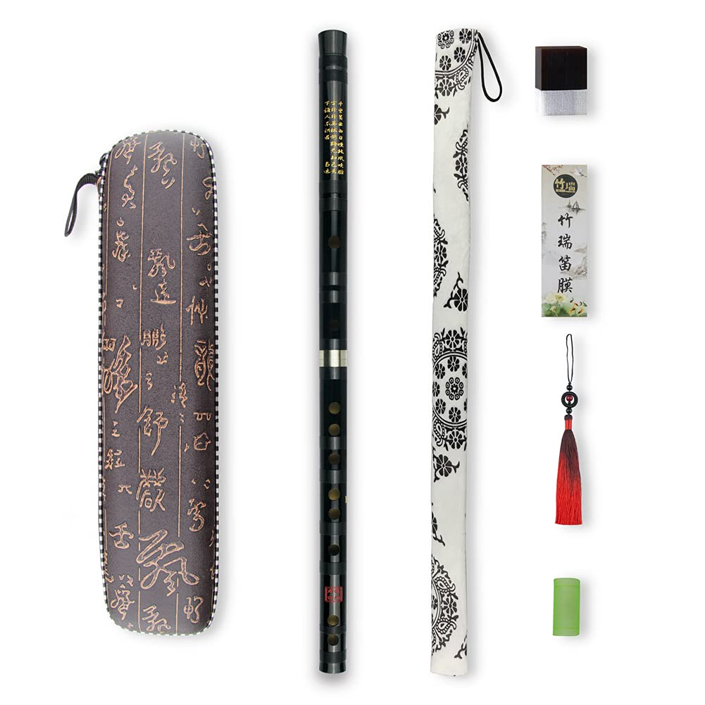 D Key Dizi Black Bitter Bamboo Flute Chen Qing Flute with Free Membrane & Glue & Protector Set Traditional Chinese Instrument (K