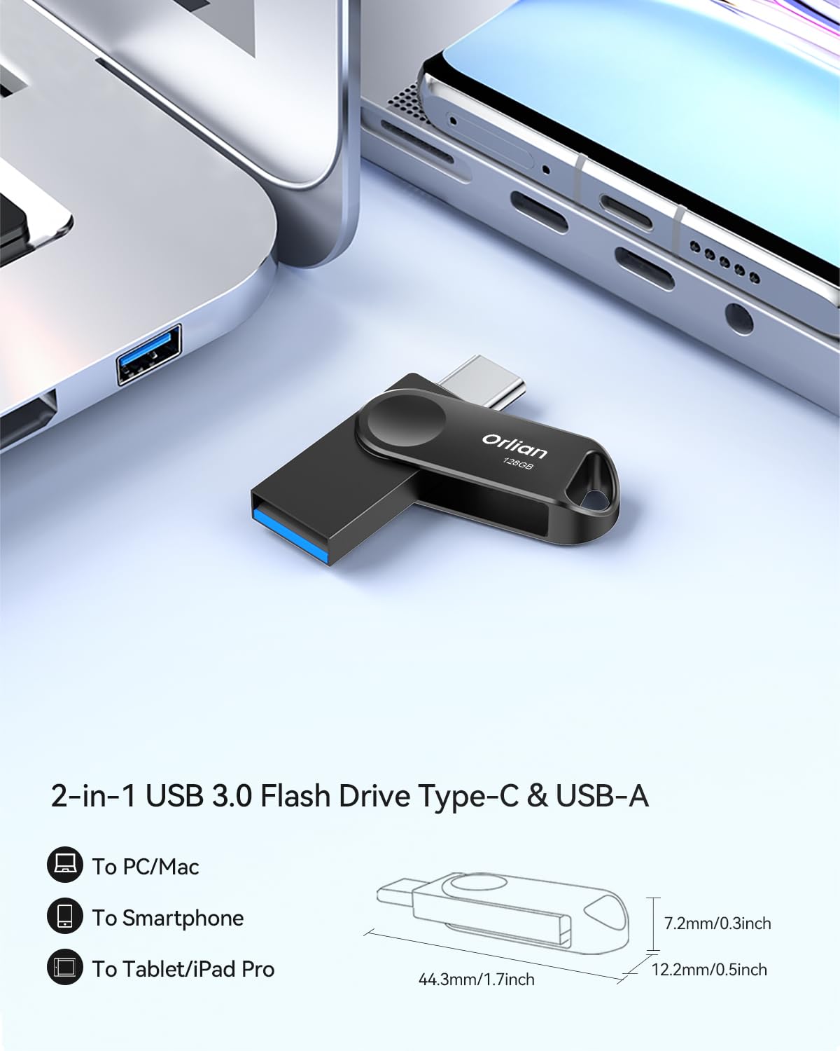 Orlian 128Gb 2 Pack Usb C Flash Drive, Dual Drive Usb 3.0 And Type C Thumb Drive Up To 110Mb/S Read Metal Waterproof Portable Fo