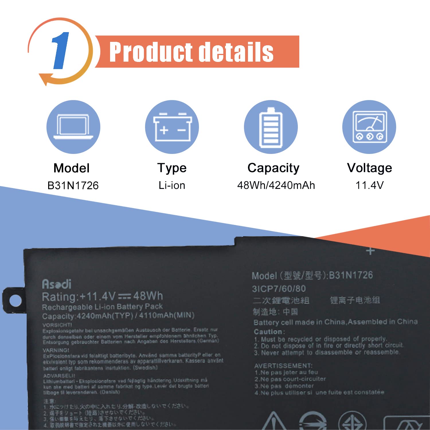 Asodi B31N1726 48Wh Laptop Battery Replacement For Asus Tuf Gaming Fx504 Fx504G Fx504Gd Fx504Ge Fx504Gm Fx505 Fx505Dt Fx505Dv Fx