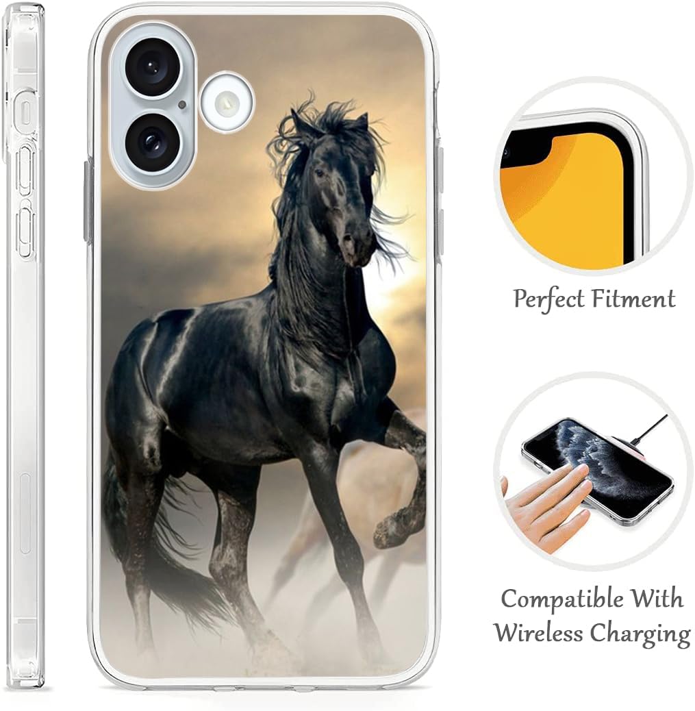 Hanlinzhiya Compatible With Iphone 16 Plus Case, Black Horse Cool Animal Horse Design Drop Protection Slim Shockproof Tpu Clear