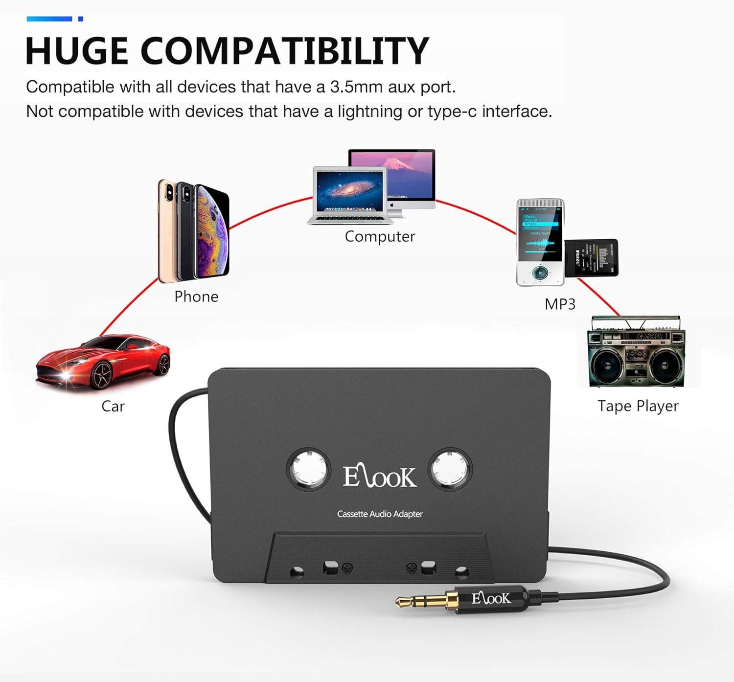 Elook Car Cassette Aux Adapter, 3.5Mm Universal Audio Cable Tape Adapter For Car, Phone, Mp3 Ect. Black