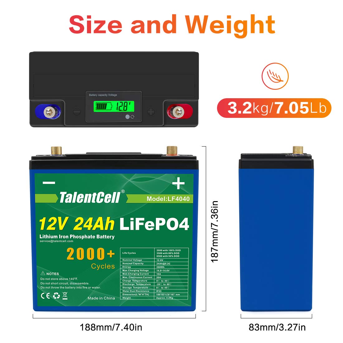 TalentCell 12V LiFePO4 Battery Pack LF4040, 24Ah 288Wh Deep Cycle Rechargeable Lithium Iron Phosphate