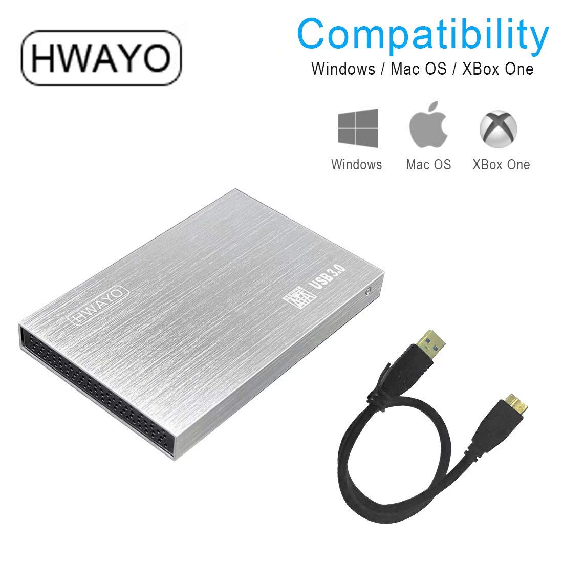Hwayo 2.5'' Hdd 500Gb Ultra Slim Portable External Hard Drive Usb3.0 Storage For Xbox One Console, Pc, Laptop, Macbook (Silver)