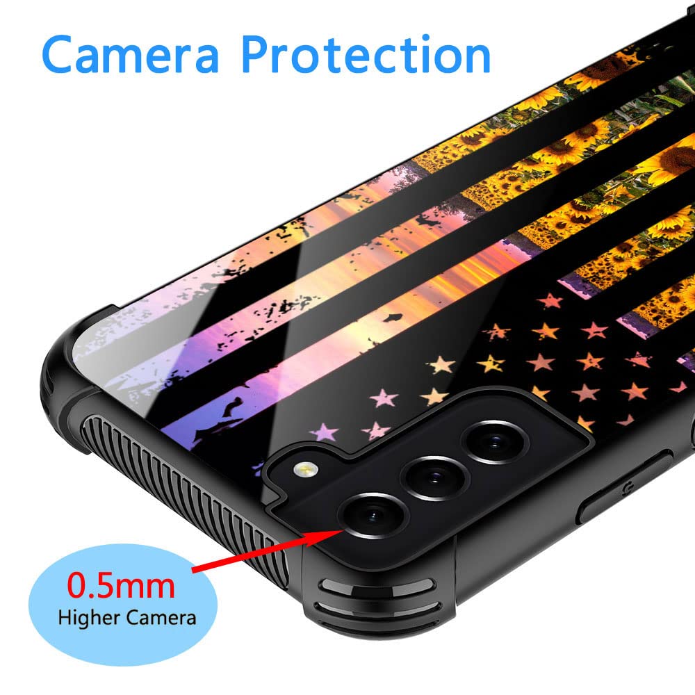 ZHEGAILIAN Phone Case Compatible Samsung Galaxy S21 5G TPU Organic Glass Flag Sunflowers 6.2-inch