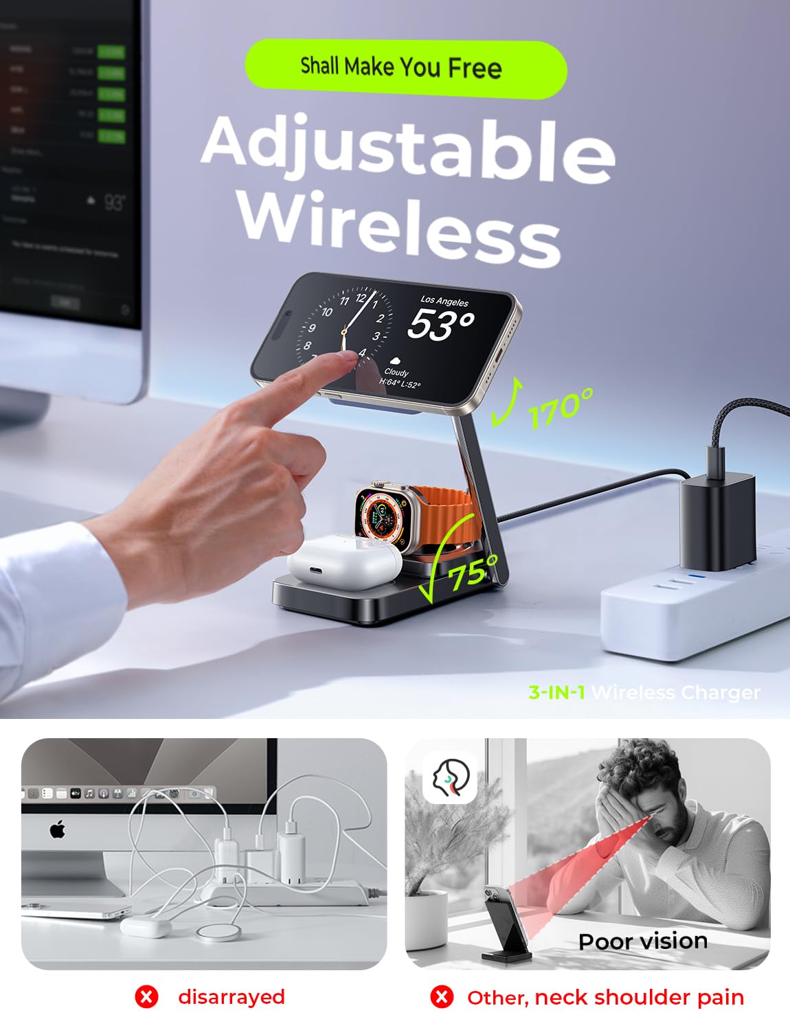 Lisen Foldable Charger 3 In 1 For Apple Magsafe Charger Stand, Wireless Charger Iphone And Watch Charging Station For Multiple D