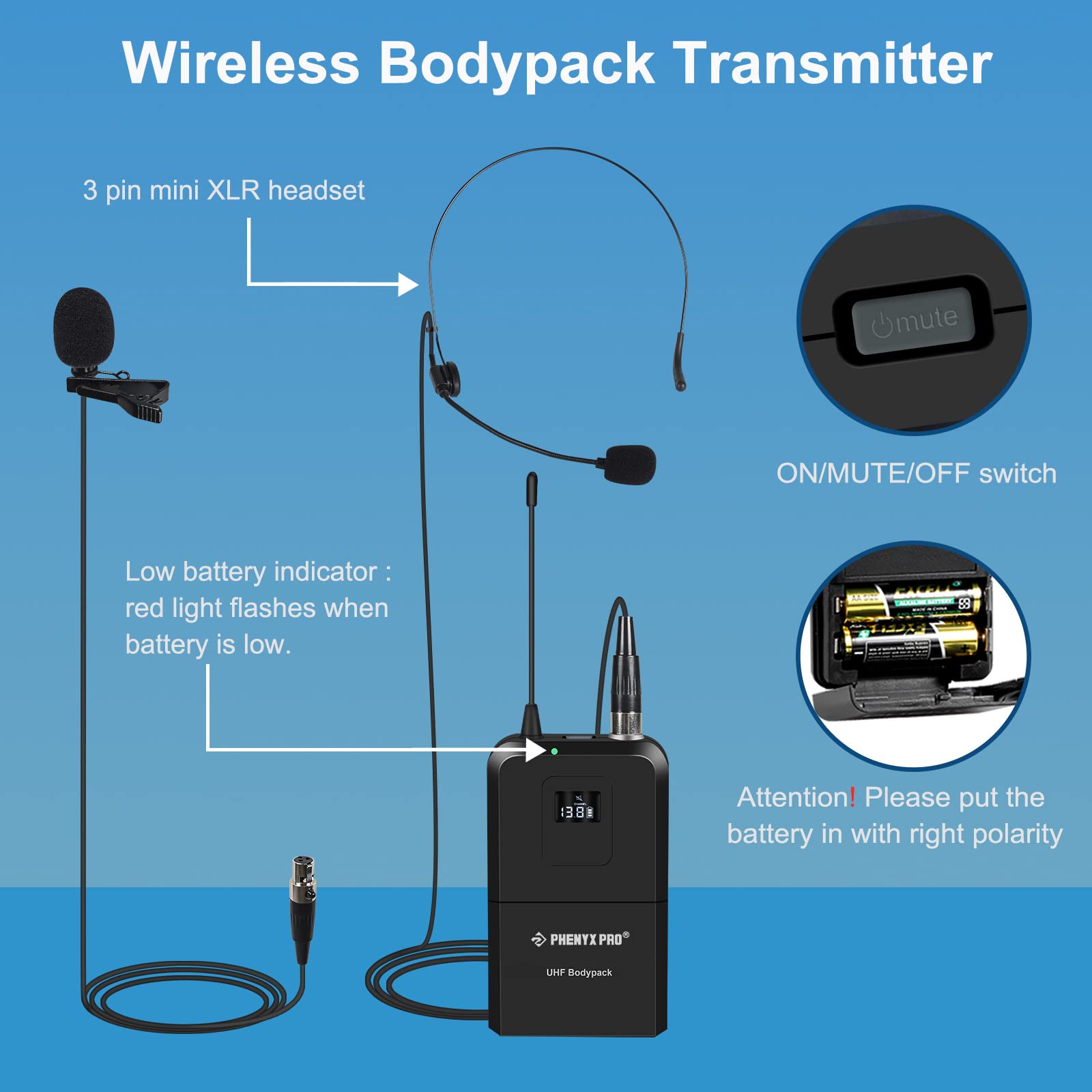 Phenyx Pro Wireless Bodypack Transmitter, Uhf Bodypack Microphone For Ptu 71/Ptu 7000/Ptu 6000, With Selectable Frequencies, Mut