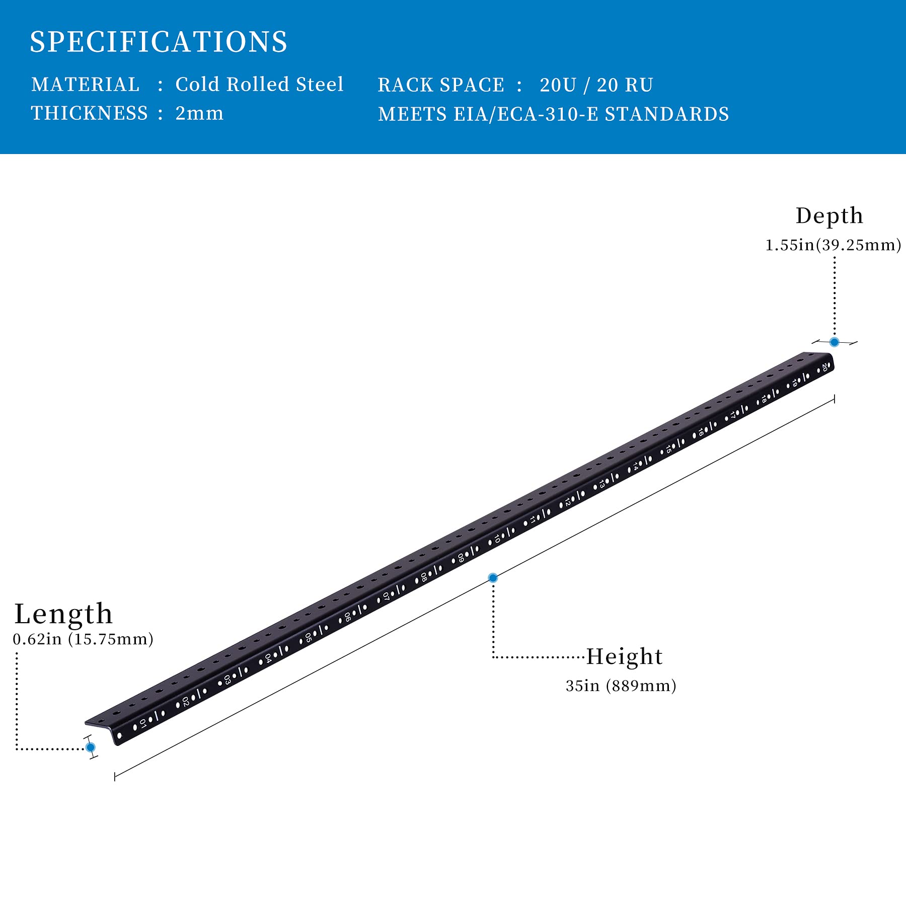 Rackpath 20U Vertical Server Rack Rail Pair Kit, Diy Rack Build, 12-24 Screws X80