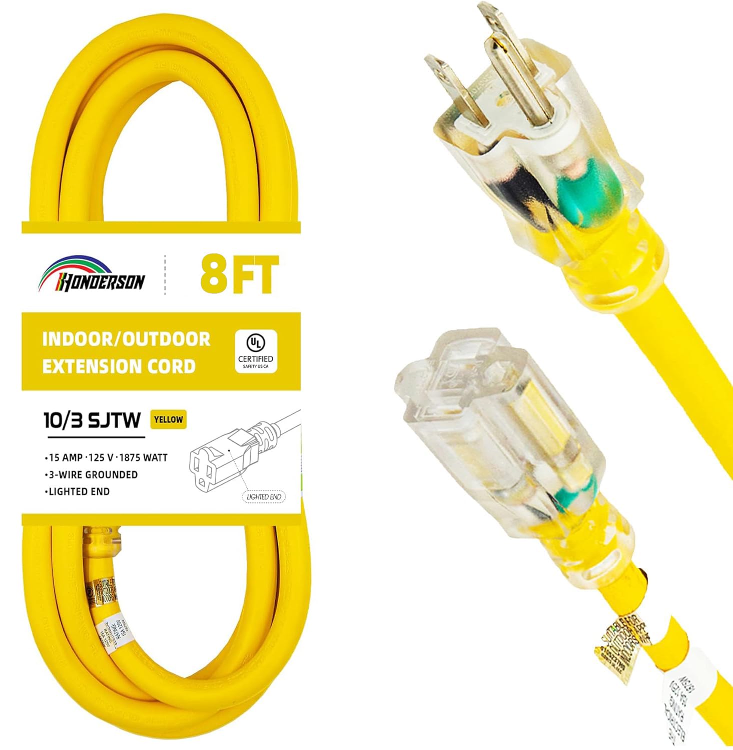 Honderson Indoor Outdoor Extension Cord Weatherproof With Lighted End, Ul Listed, 10 Gauge 8Ft Yellow 3 Prong Heavy Duty Extensi
