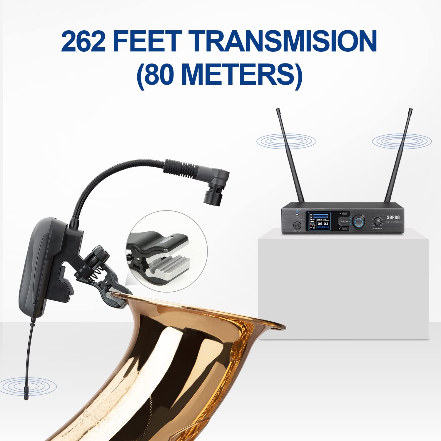 Sgpro Saxophone Wireless Microphone Professional Gooseneck Clip-On Mic With Preset Eq & Echos, 262 Ft Transmission And Rechargea