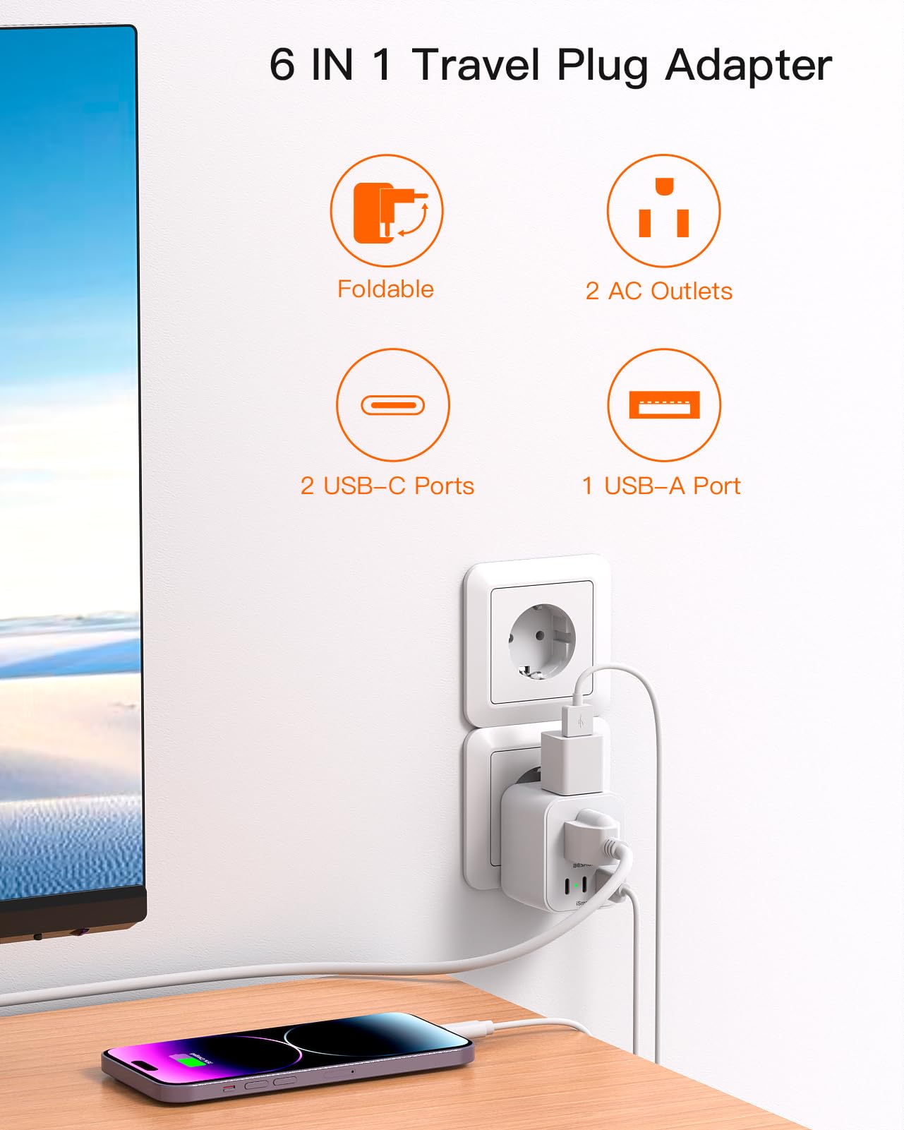 [2 Pack] European Travel Plug Adapter, Foldable International Plug Adapter With 2 Ac Outlets 3 Usb Ports(2 Usb C), Type C Plug A