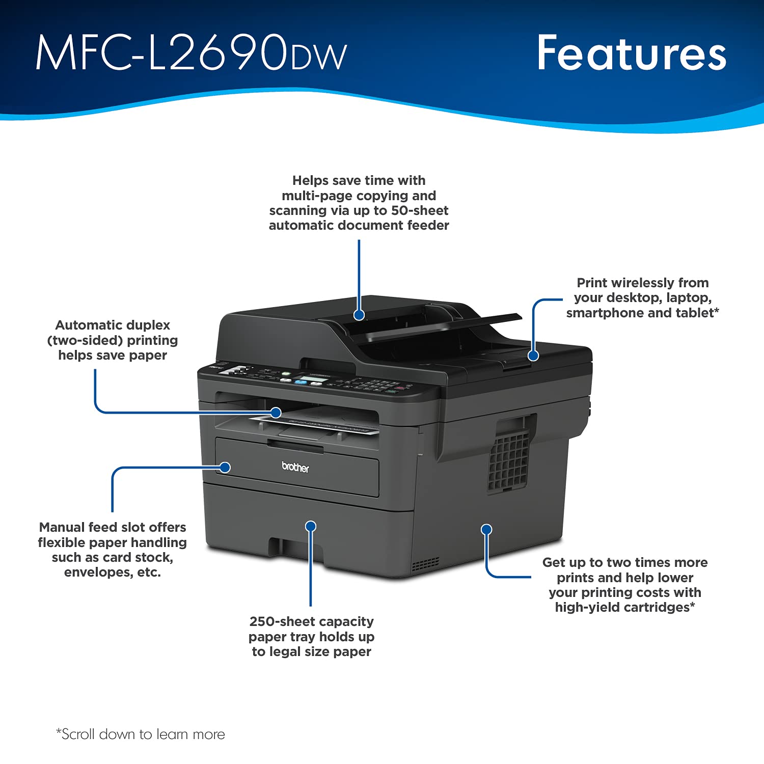 Brother Mfc-L2690Dw Monochrome Laser All-In-One Printer, Print Scan Copy Fax, Auto 2-Sided Printing, Wireless Connectivity, 26Pp