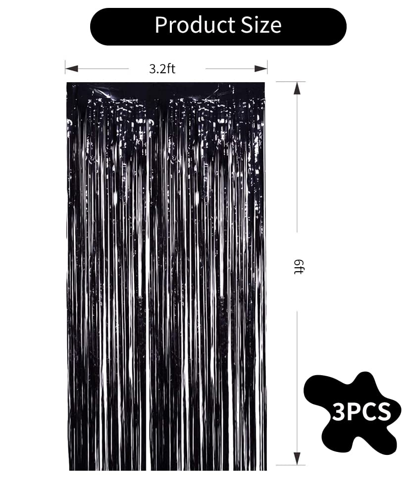 Toniful 3Pcs Black Door Streamers,Photo Booth Backdrop,Metallic Streamers Black Foil Fringe Curtains For Birthday,Christmas,New