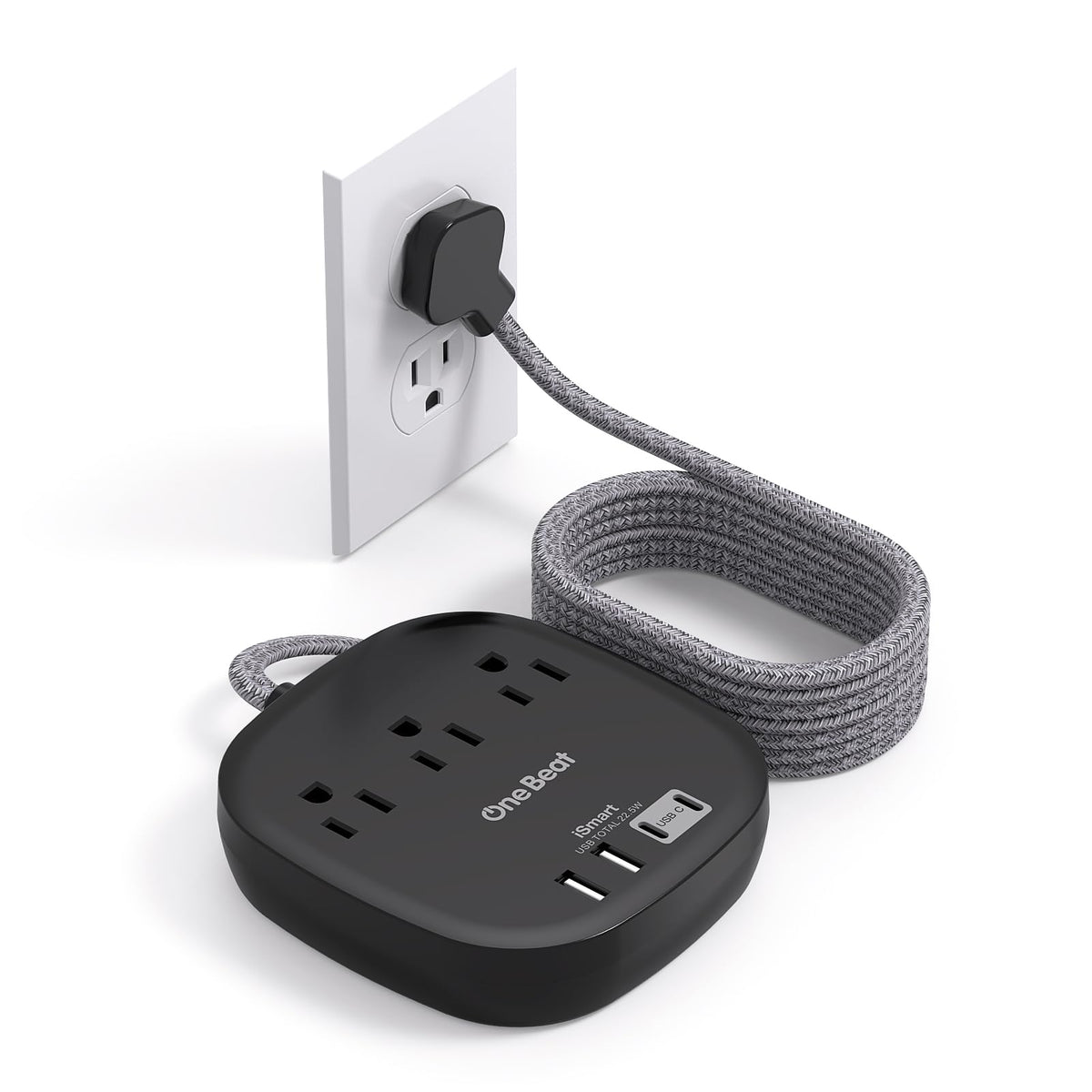 Flat Plug Power Strip, 5Ft Ultra Flat Extension Cord   3 Outlets 4 Usb Ports (2 Usb C) 22.5W/4.5A Desktop Charging Station, No S