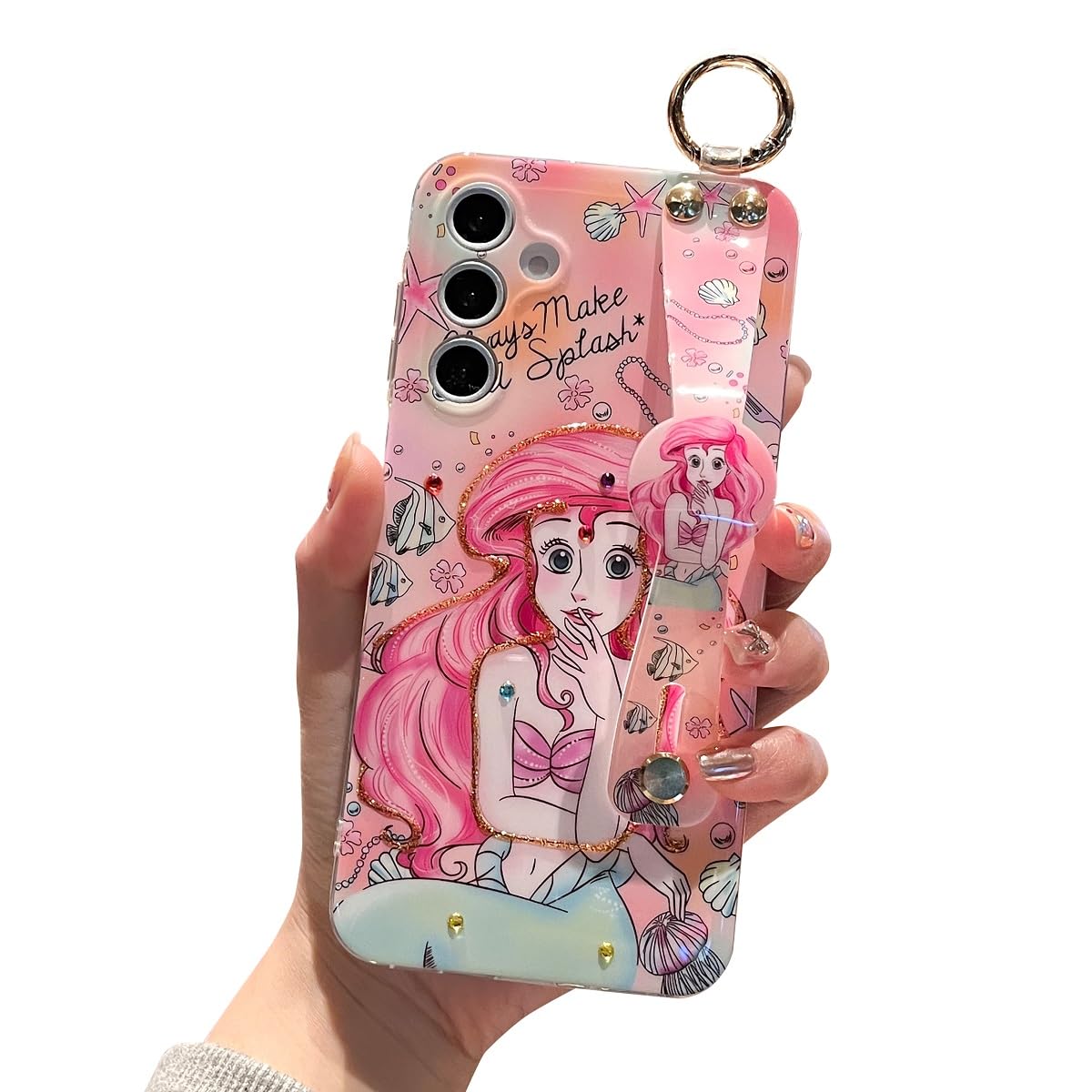Meishangmei for Samsung Galaxy S24 S25 Case 6.2 Sparkle Bling with Strap Stand Cute Pattern IMD Plating Design Silicone Shockpro