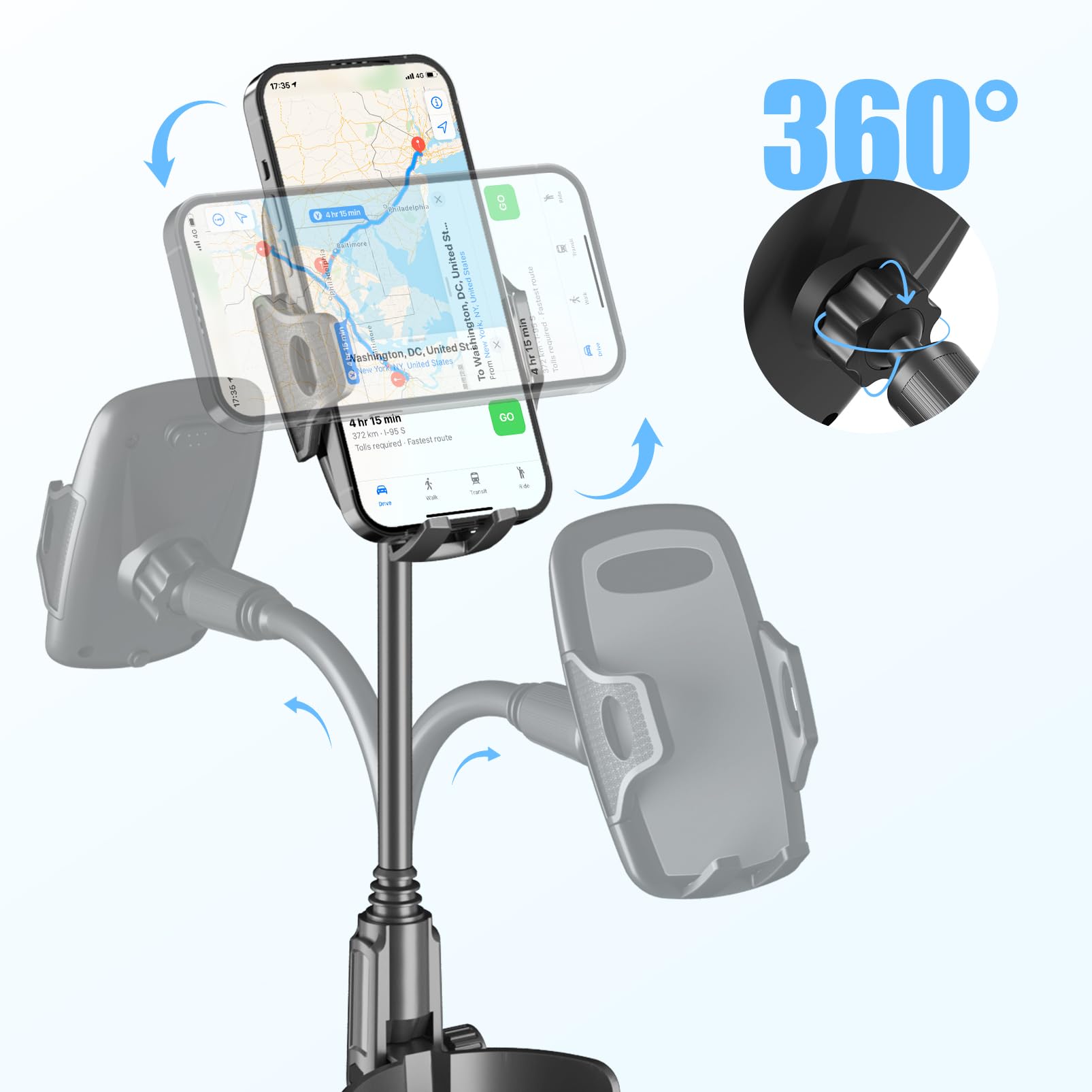Sosirolo Cup Phone Holder For Car With 360 Adjustable Long Gooseneck, Cell Phone Holder Mount For Car | Truck | Golf Cart Compat