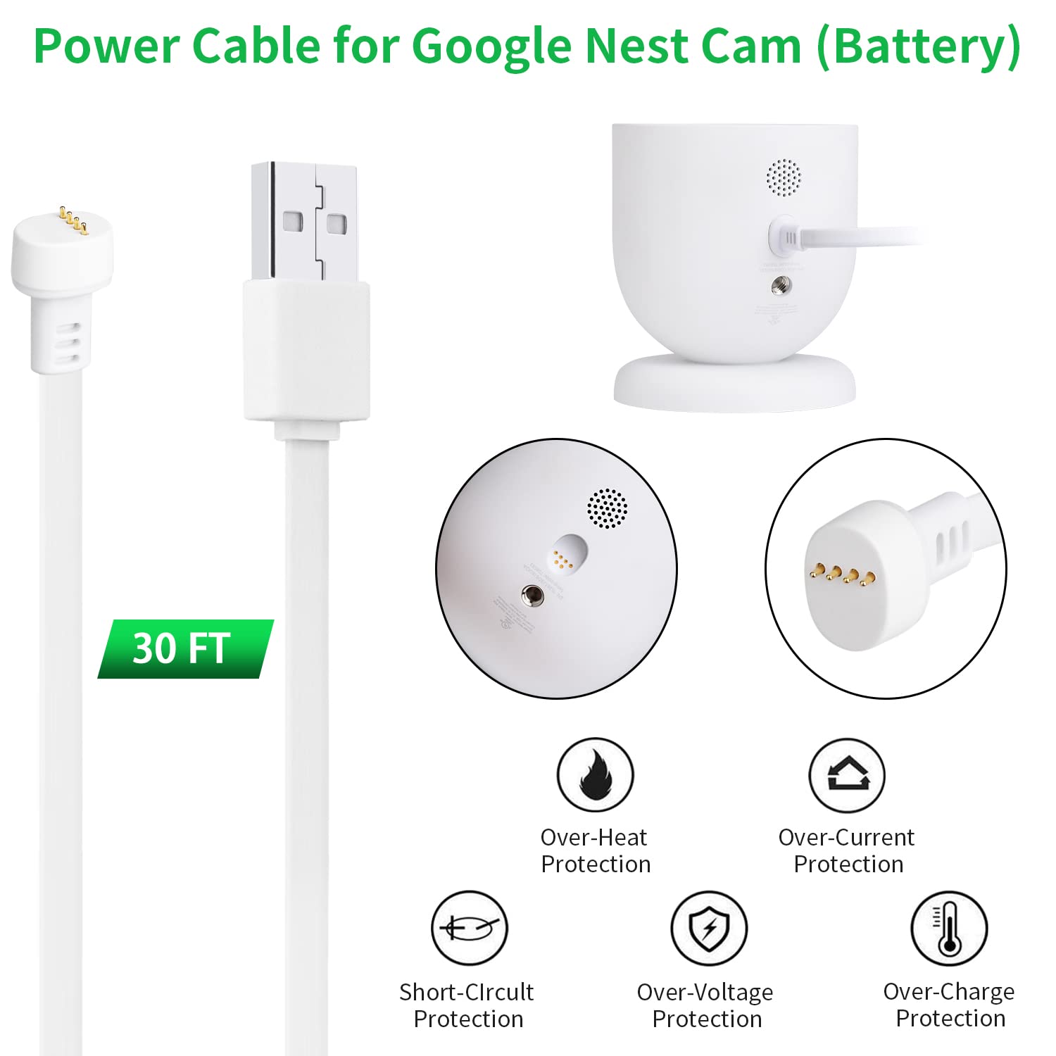 Power Cable Compatible With Google Nest Cam Outdoor Or Indoor, Battery, 30Ft/9.1M Weatherproof Outdoor Cable Continuously Chargi