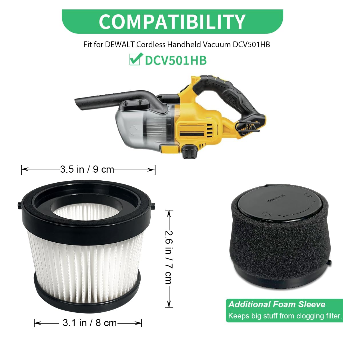 2 Pack Dcv5011H Hepa Filter Compatible With Dewalt Dcv501Hb Cordless Handheld Vacuum, With 4 Foam Sleeve Filters & 1 Brush