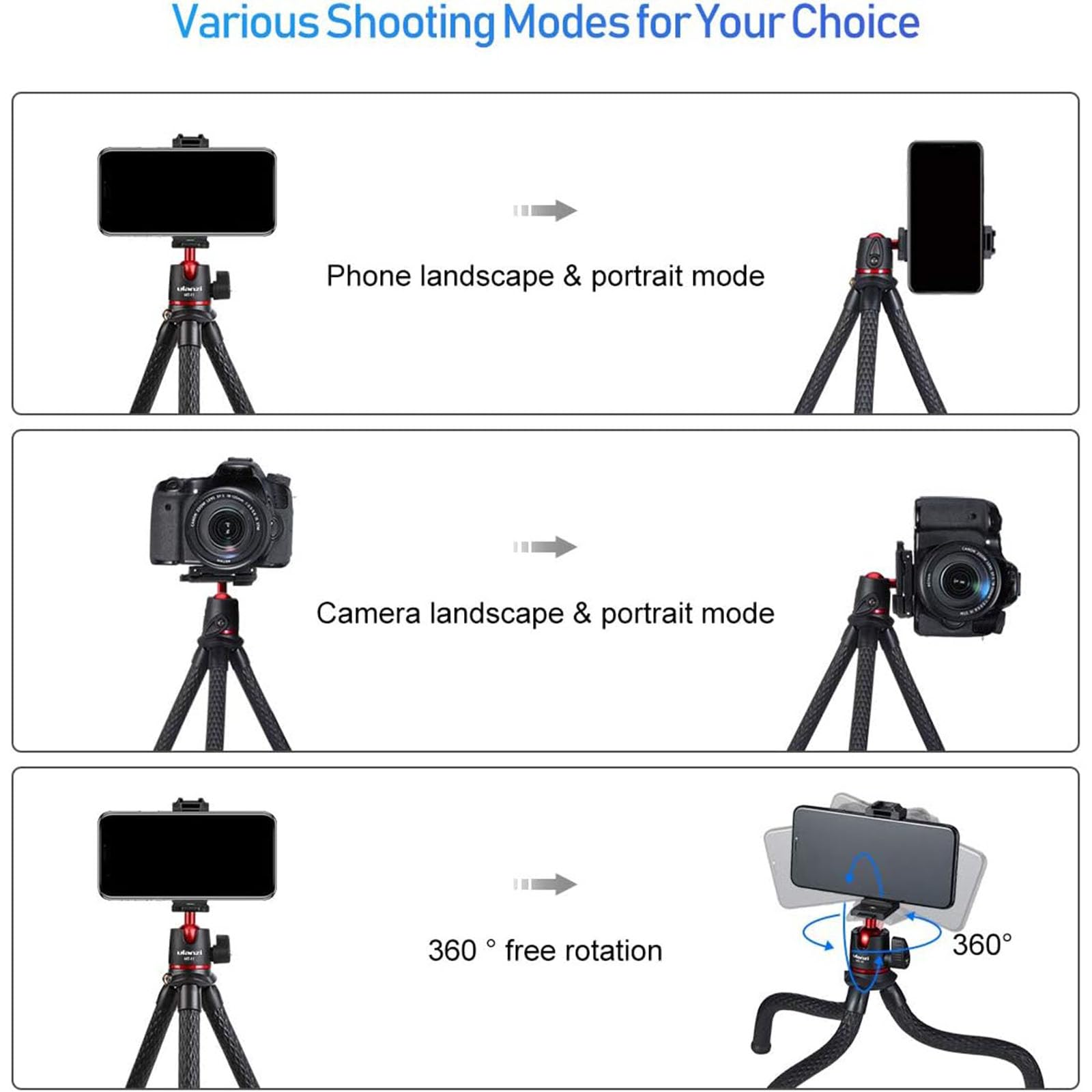 Ulanzi Camera Tripod, Mini Flexible Stand With Hidden Phone Holder W Cold Shoe Mount, 1/4 Screw For Magic Arm, Universal For I