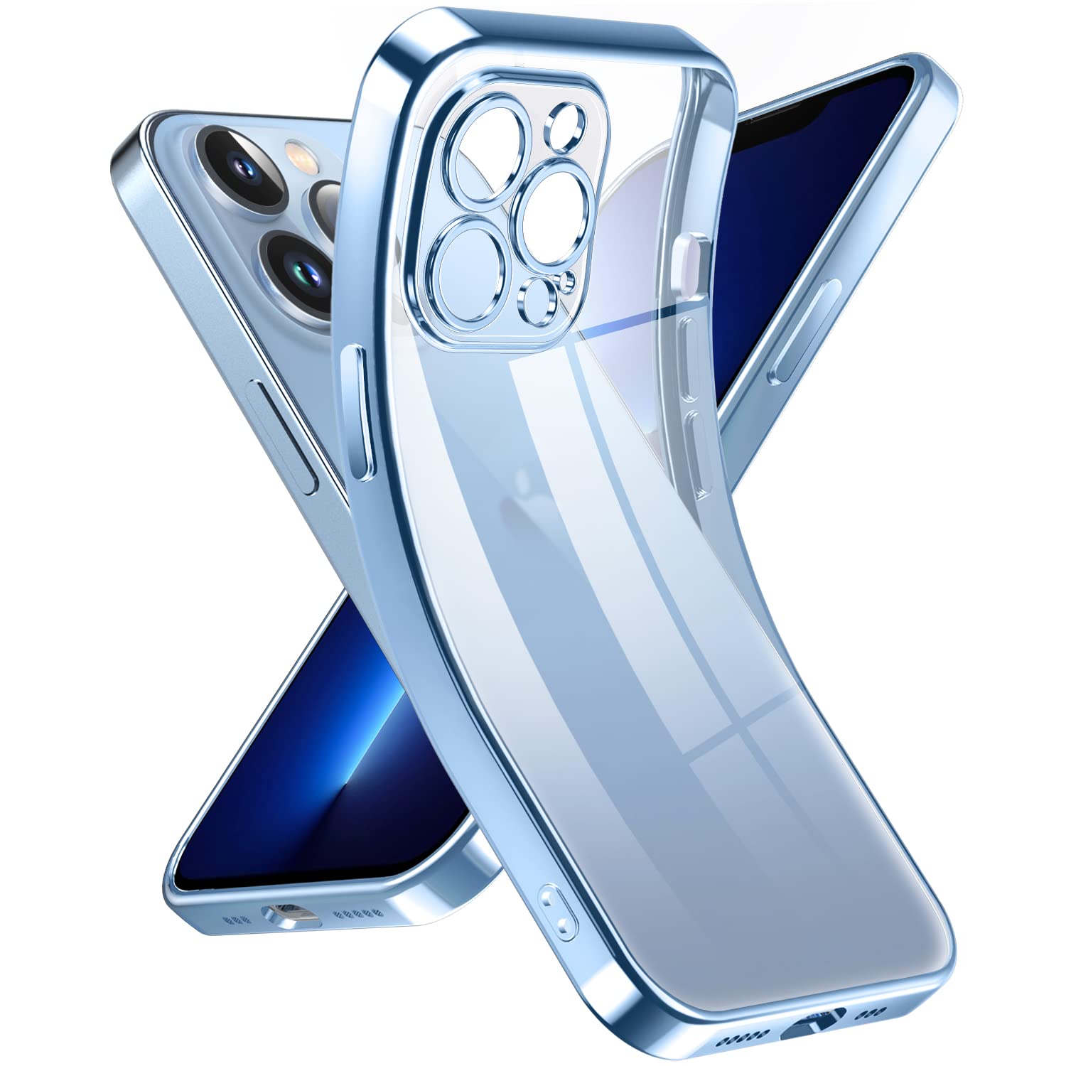 Supdeal Crystal Clear Phone Case iPhone 13 Pro Military Drop Tested Anti-Yellowing Camera Protection Silicone Blue 6.1 inch