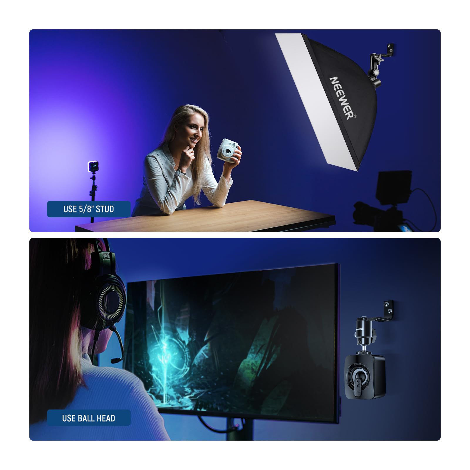 Neewer 2 Pack E Type Wall Ceiling Mount, Ring Light Wall Mount Bracket With Detachable Ball Head, 5/8'' Stud, 1/4'' Screw For Fl
