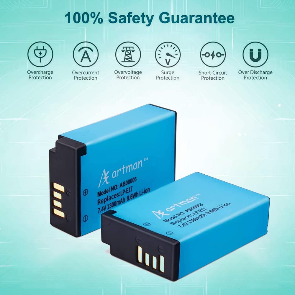 Artman 2 Pack Lp E17 Batteries And Rapid Dual Usb Charger For Canon Eos R50 Rp R10 R8,Rebel T8I, T7I, T6I, T6S, Sl2, Sl3, Eos M3