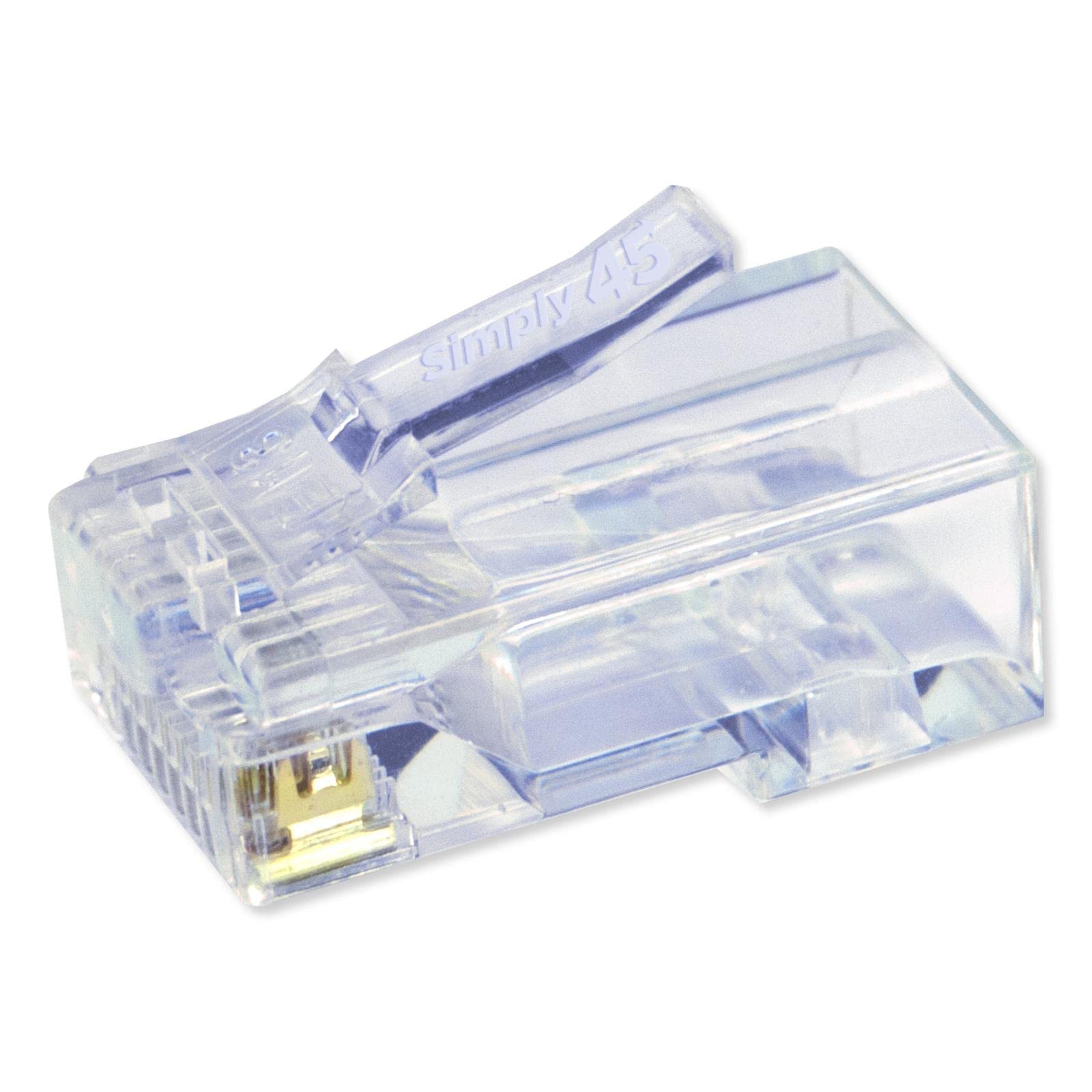 Simply45 Unshielded Pass Through Rj45 Modular Plugs   24Awg Solid For Cat5E Utp Cables And 28 26Awg Stranded   Light Blue Tint   100 Piece Jar   S45 1500
