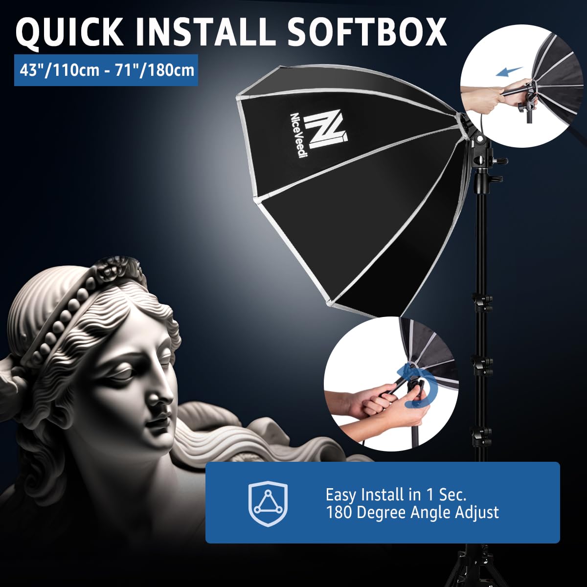 Softbox Photography Lighting Kit, Niceveedi 20'' Softbox Lighting Kit With 5400K 650W Equivalen Led Bulbs & 63'' Tripod Stand, S
