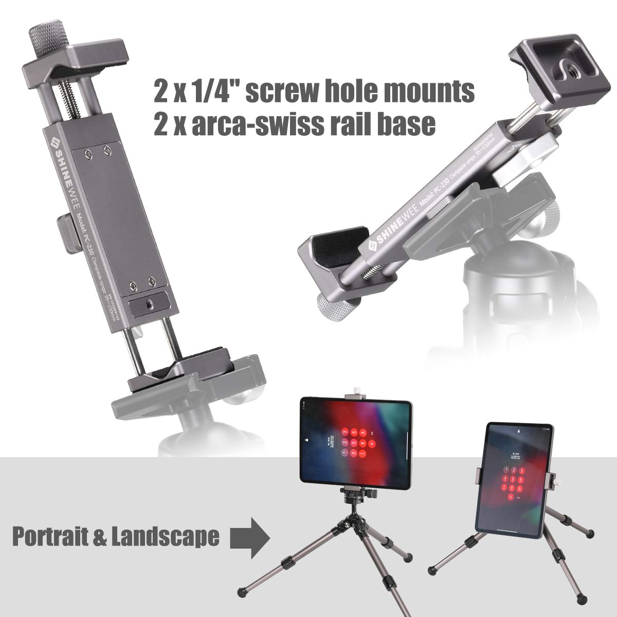 Shinewee Metal Ipad Holder For Tripod Mount, 1/4' Screw, Acra/Rrs Rail Plate Mounts, Fits Ipad 1 2 3 4 5 Mini Air Pro,Universal Tablet Ipad Clamp Holder Tripod Adapter