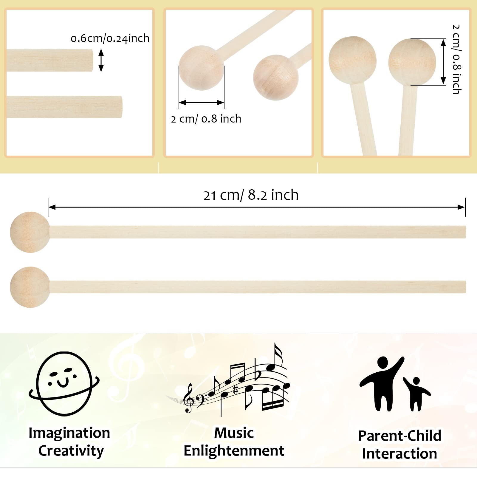20 Pieces Wood Mallets Percussion Glockenspiel Xylophone Mallets Sticks Wood Small Musical Drumsticks Chime Round Head Hammer Wooden Drum And Percussion Mallets For Kids, 8.2 Inch Long