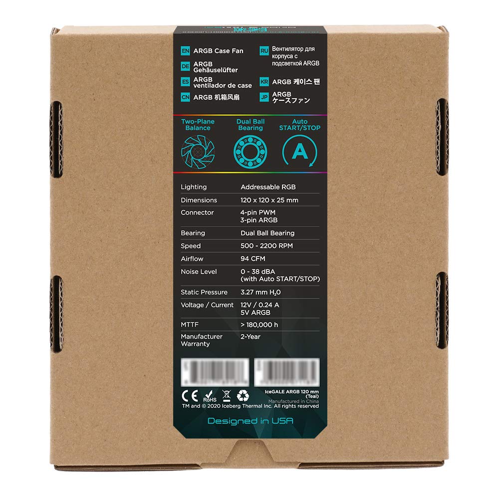 Iceberg Thermal Icegale Addressable Rgb 120Mm Pwm Dual Ball Bearing Argb Case Fan (Teal)