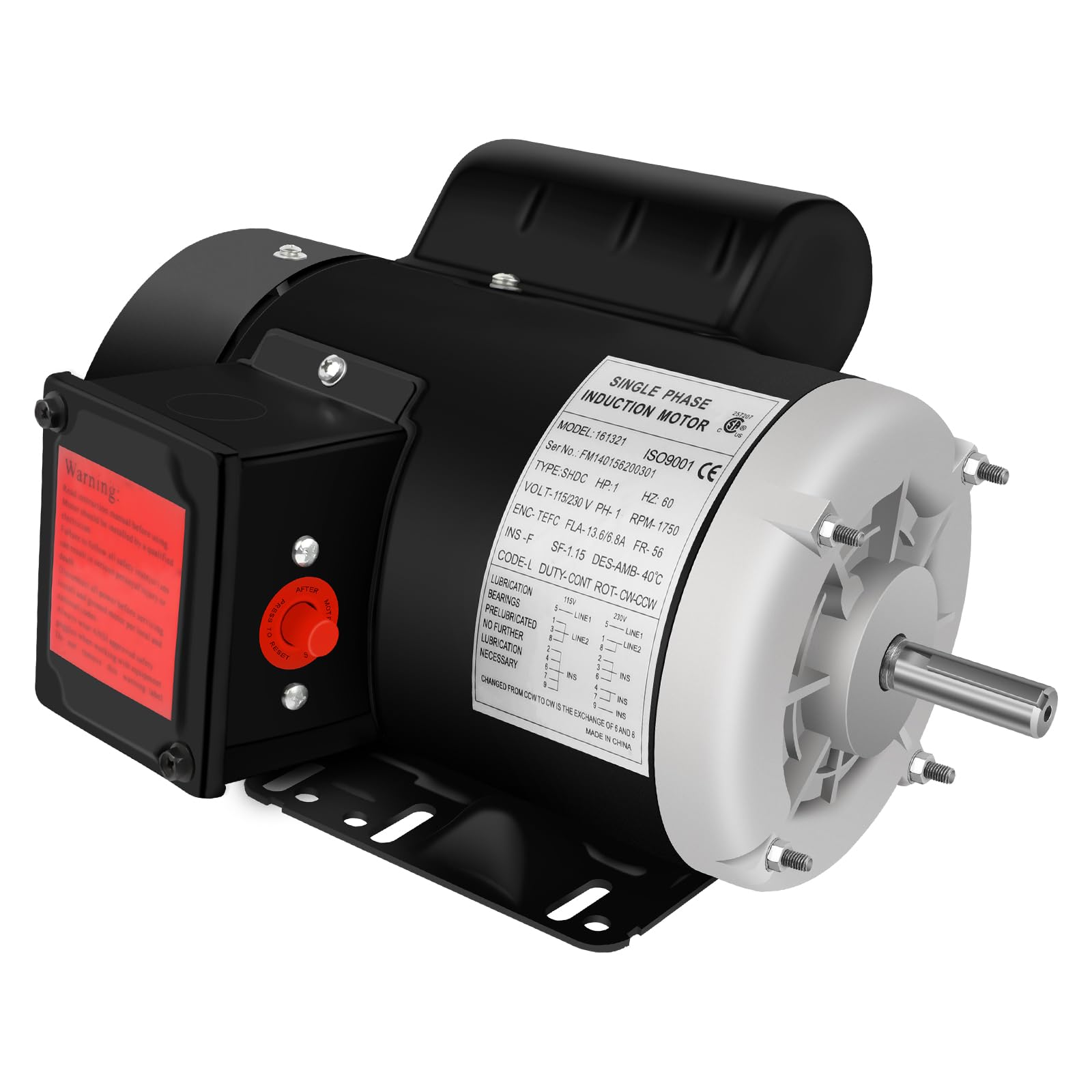 1 HP Electric Motor, Single Phase Farm Duty Motor 1725RPM 115V/230V,13.6/6.8A, 56 Frame, 5/8 Shaft Diameter, 1.88 Shaft Length,