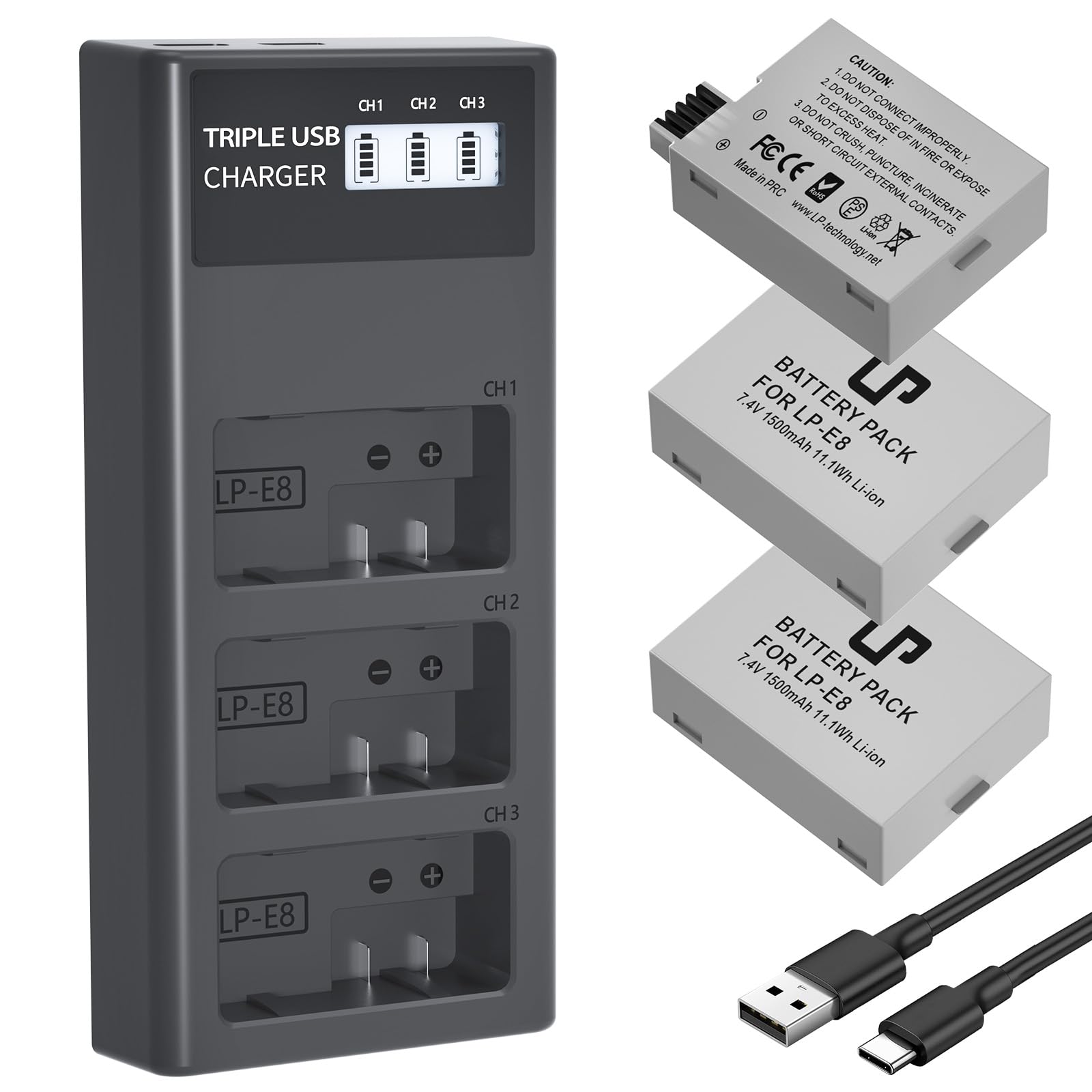 Lp E8 Battery Charger Set, Lp 3 Pack Lp E8 Replacement Battery & Triple Slot Charger Compatible With Canon Eos Rebel T2I, T3I, T