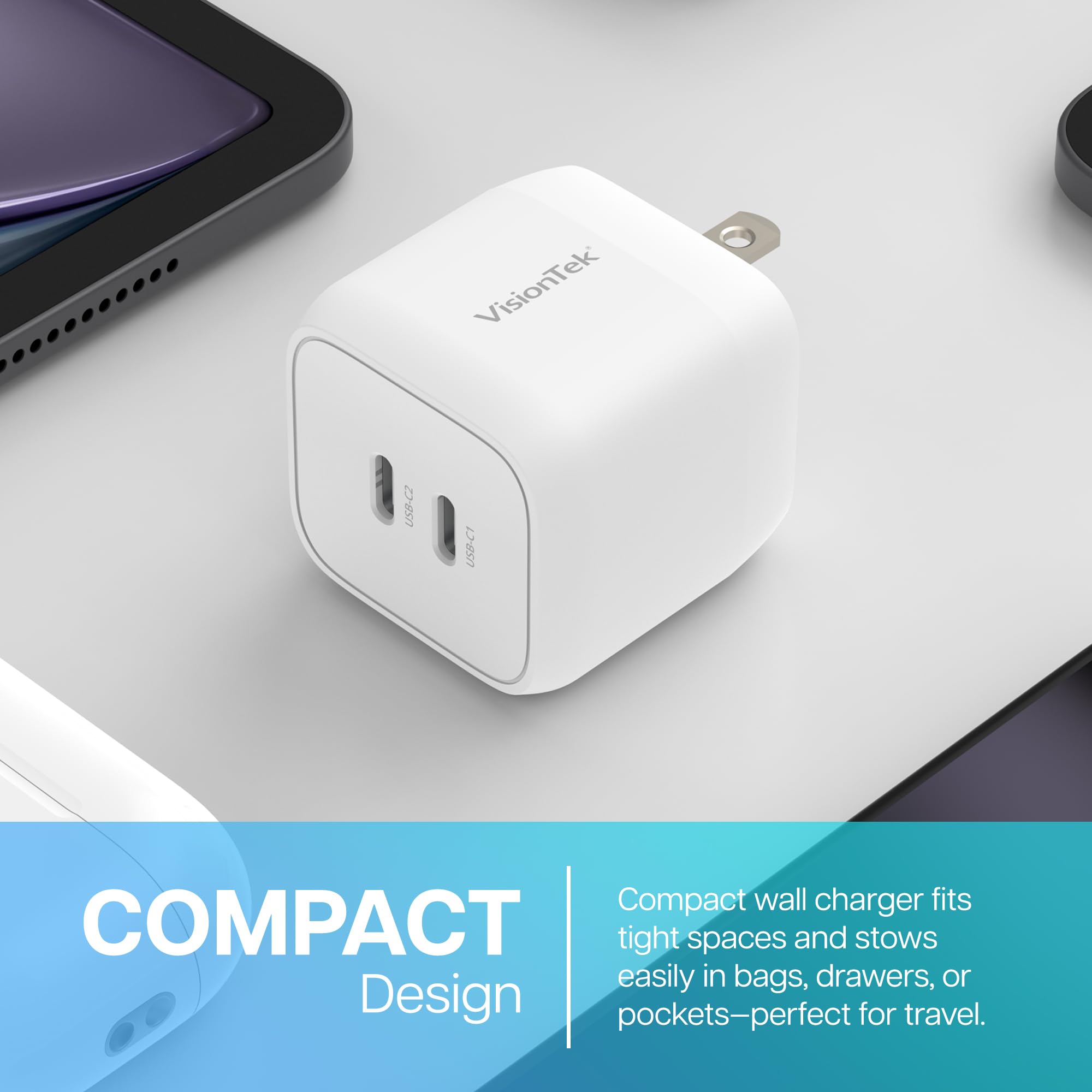 Visiontek Gan Ii 35W Wall Fast Charger - Dual Usbc Ports - 2X Usb-C - Compatible With Ipad, Iphone, Galaxy, Steam Deck, Tablets,