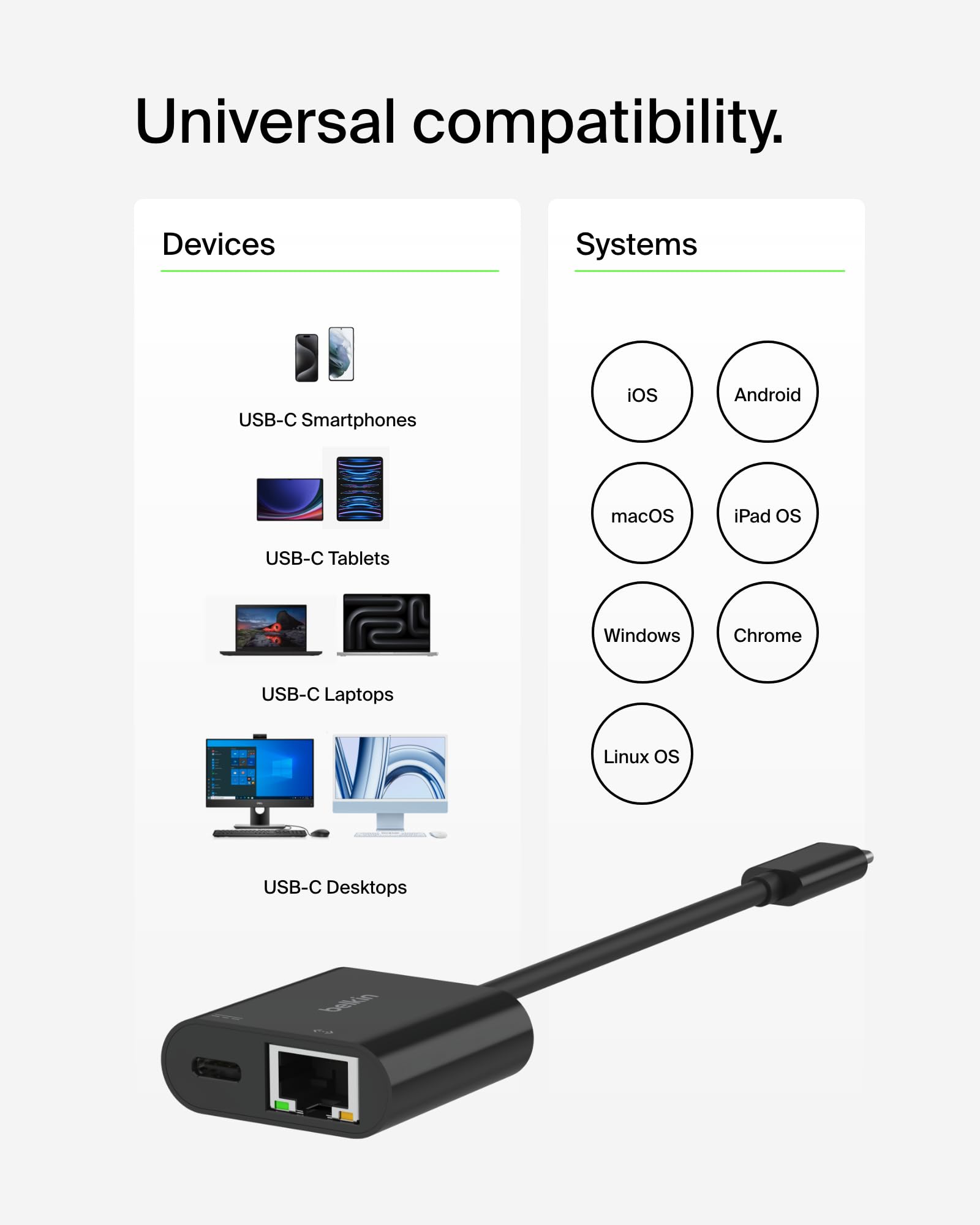 Belkin Connect Usb C To Ethernet + Charge Adapter 100W W/Gigabit Ethernet Port And Usb C Port   10/100/1000 Mbps For Fast Intern