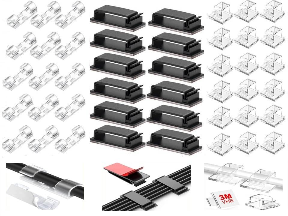 Invoss 30 Pcs Cable Clips Hook, Transparent & Black, 14X8Mm, 30X11Mm, 46X6.5Mm, SelfAdhesive, New, Cord Management Cover, Cable