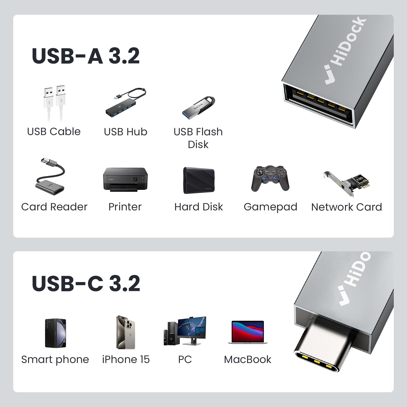 Hidock Usb C To Usb Adapter 10Gbps, 2 Pack Usb C 3.2 Male To Usb A Female Adapter Compatible With Macbook Pro/Air/Ipad Pro, Note