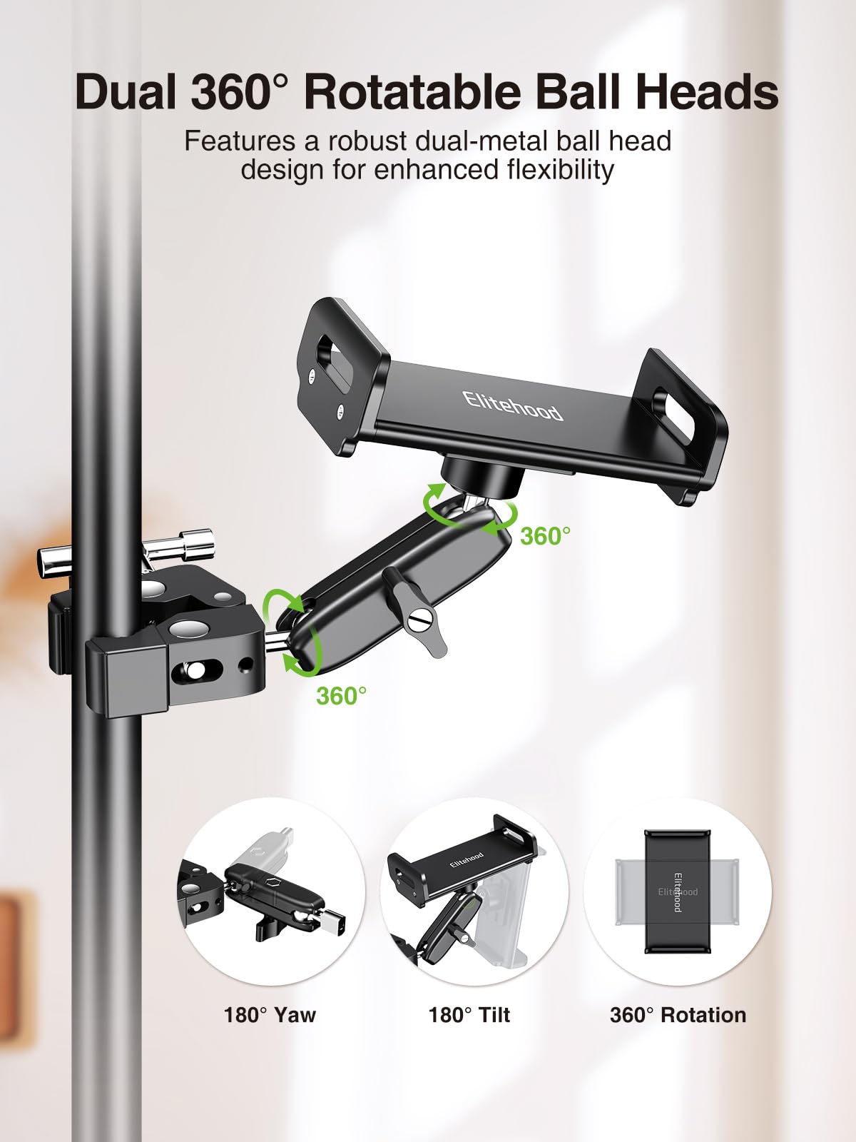 Elitehood 2024 Newest Dual Ball Head Aluminum Tablet Holder For Mic Stand, Adjustable Ipad Mic Stand Holder, Side Mount Microphone Music Stand Phone Holder Mount For Ipad, Iphone,4, 7  12.9In Tablets