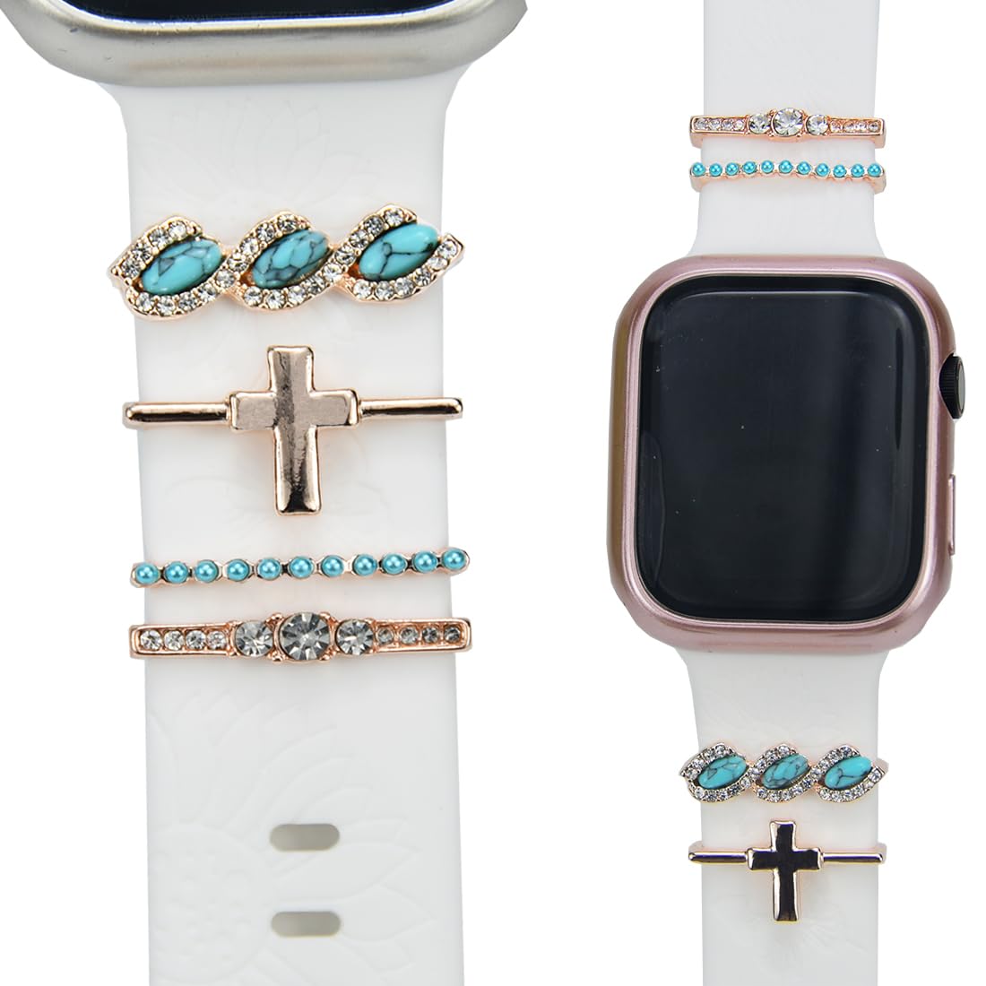 Sunoreek Cross Rose Gold Watch Band Charms For Apple - Turquoise Decorative Rings Loops For Apple Watch Silicone Leather Bands C