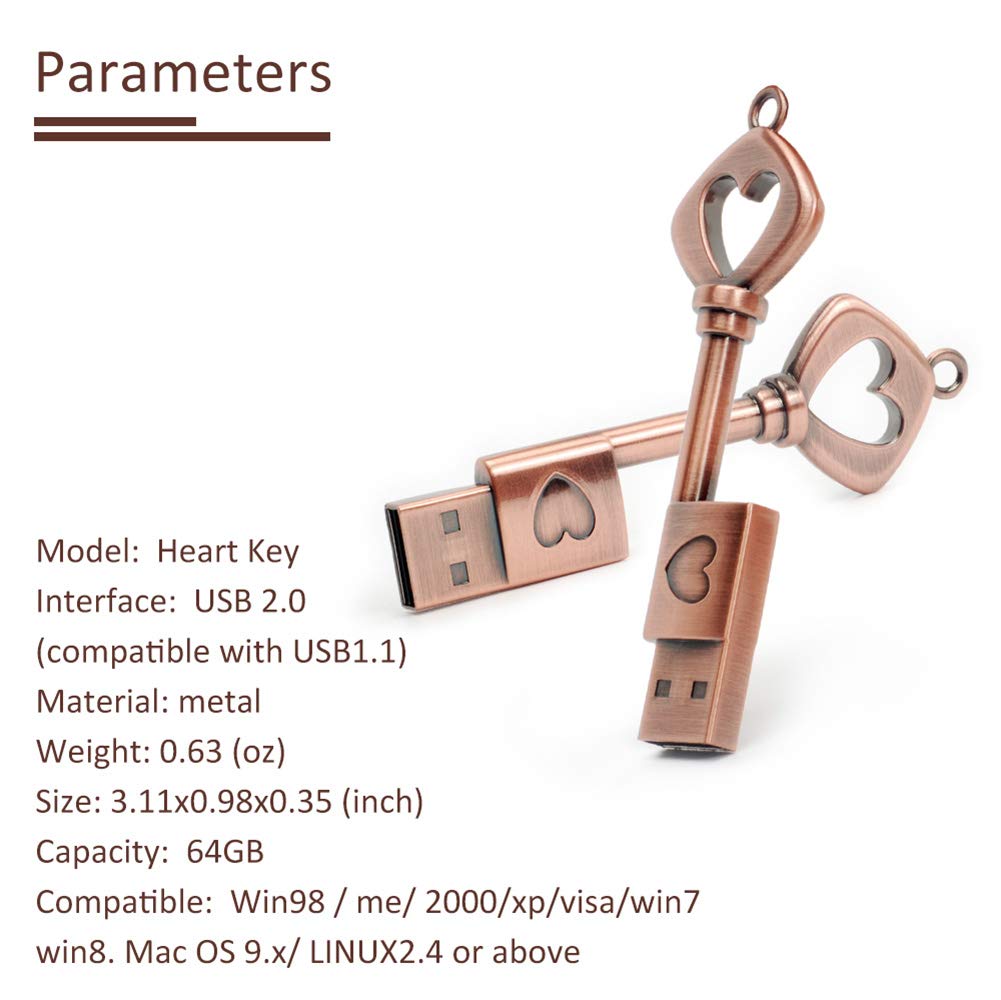 Leizhan 5 Pack 64Gb Love Heart Key Flash Drive Vintage Thumb Drive Metal Jump Drive Cute Memory Stick Retro Usb Stick Pendrive Valentine'S Day Gift U Disk