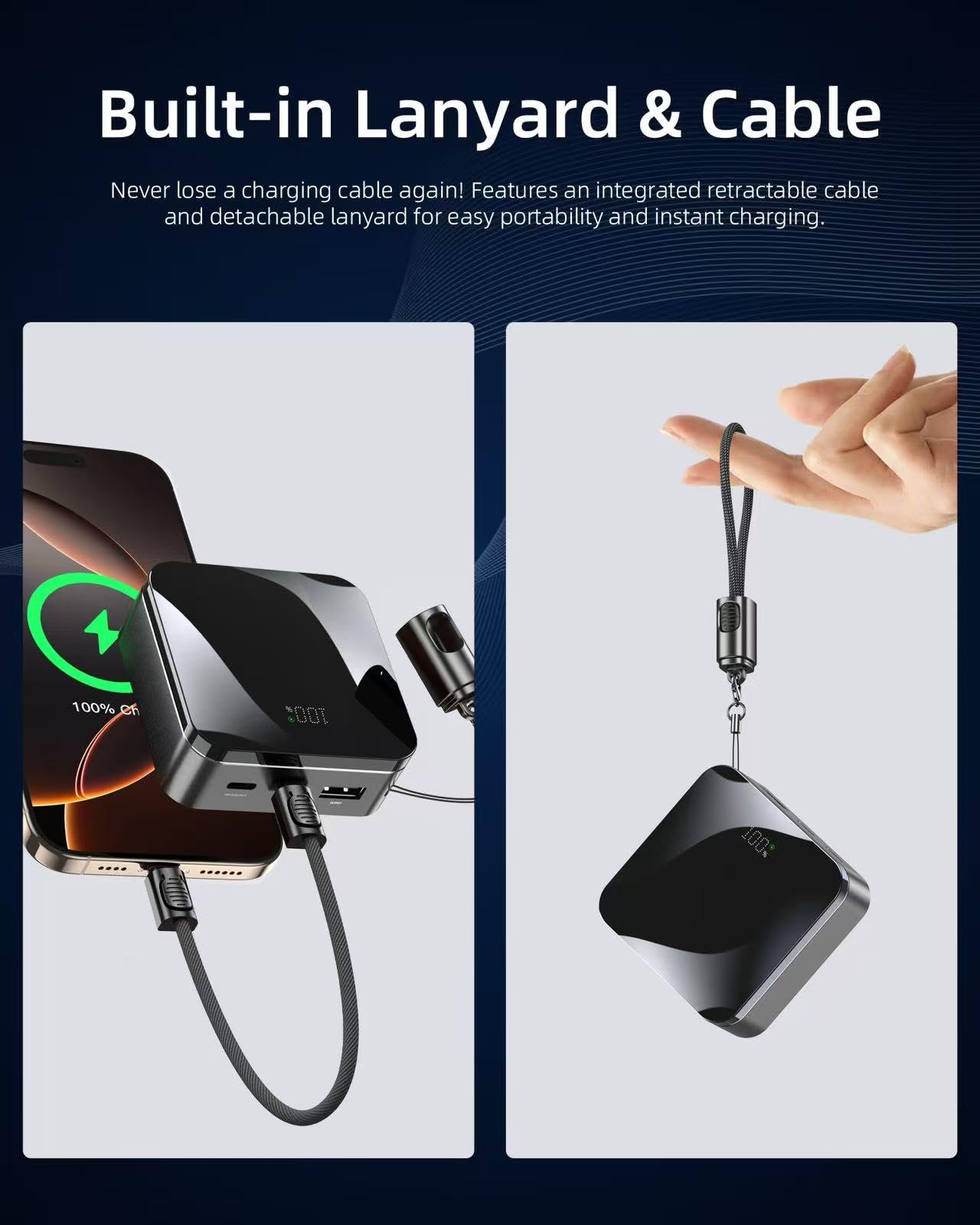 T-Core Small Portable Charger, Mini Power Bank Fast Charging 22.5W 10000Mah Battery Pack With Built In Usb C Cable For Iphone 15