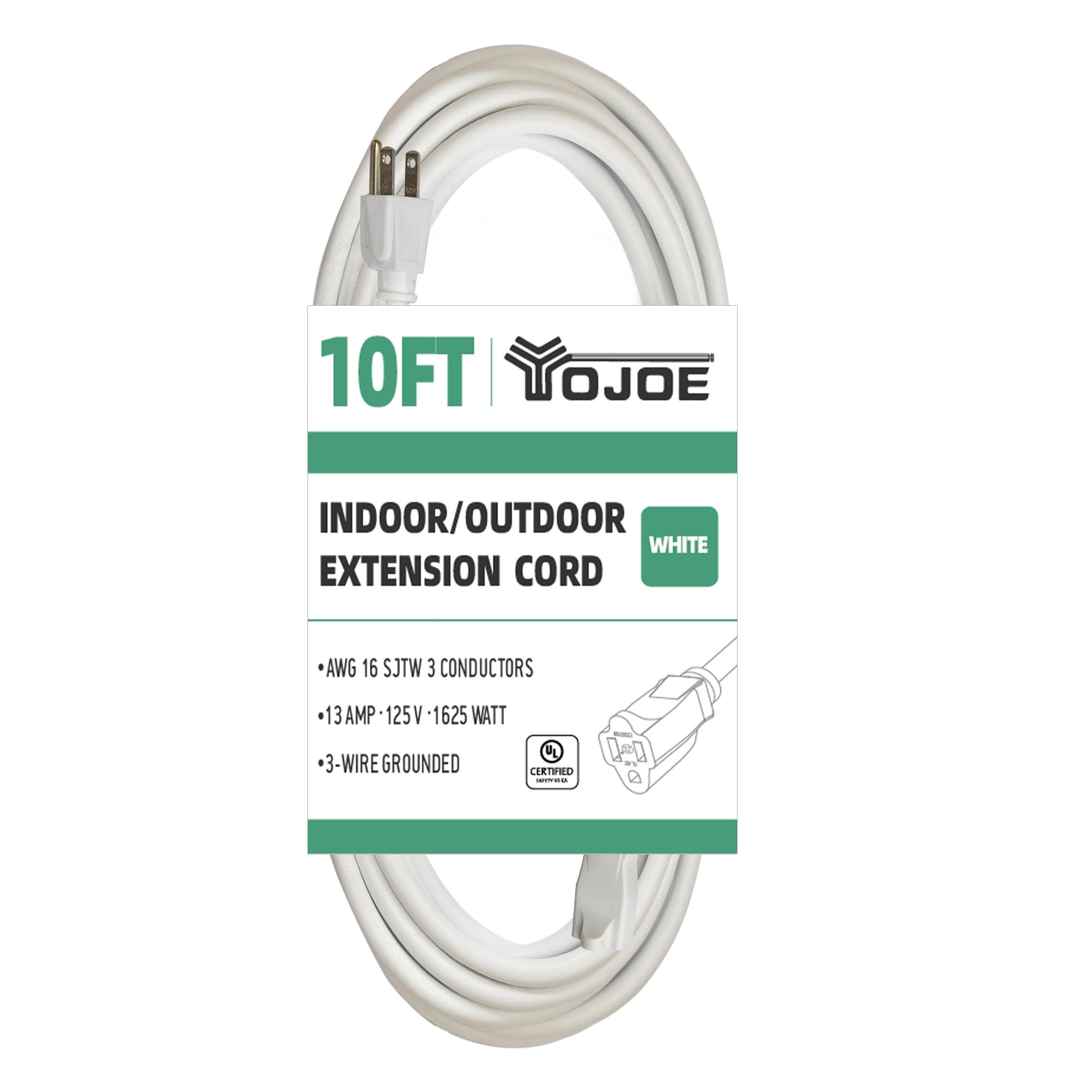 Yojoe Indoor Outdoor Extension Cord, 3 Prong 13A Weatherproof Power Extension Cord, 16 Gauge Heavy Duty 10 Ft White Extension Co