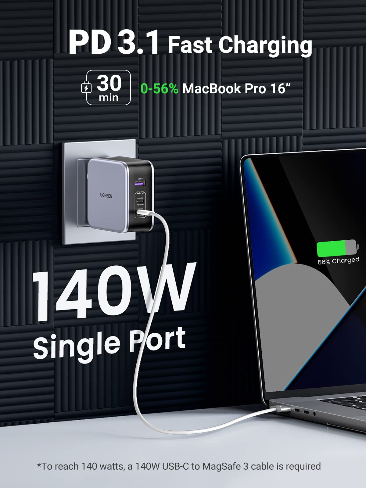 Ugreen 140W Usb C Charger, Mac Book Pro Charger Nexode Pd3.1 Pps 3-Port Foldable Gan Fast Laptop Wall Charger Power Adapter For