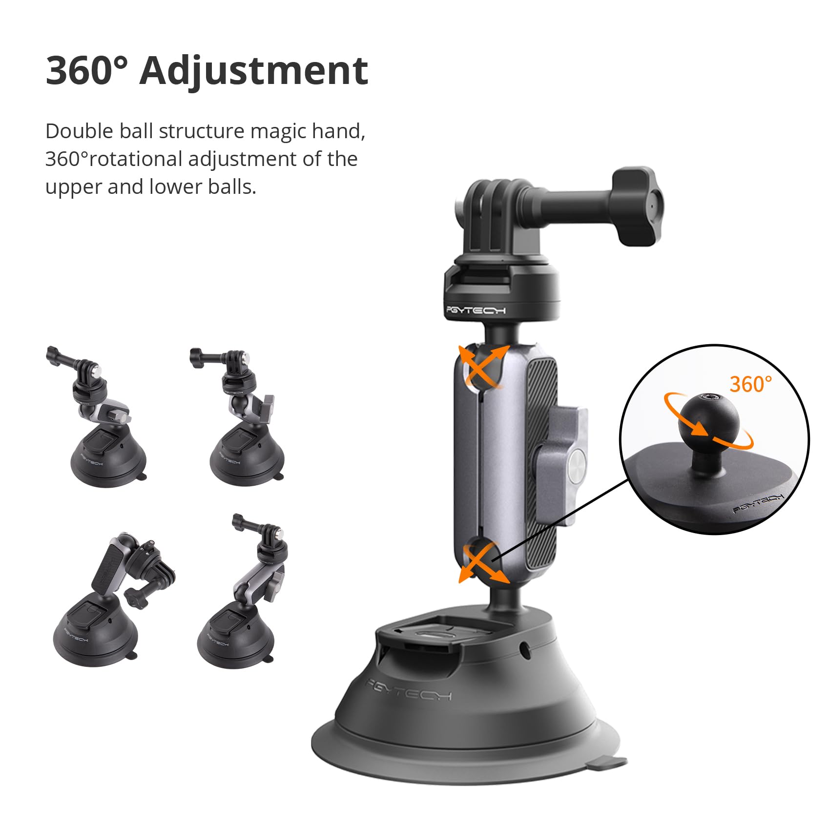 Pgytech Caplock Suction Cup Car Mount Compatible With Dji Osmo Action 5 Pro/4/3, For Gopro Hero 13/12/11/10, For Osmo Pocket 3, For Insta360 Ace Pro 2/X4/X3/One Rs/R, Action Camera With 1/4' 20 Thread