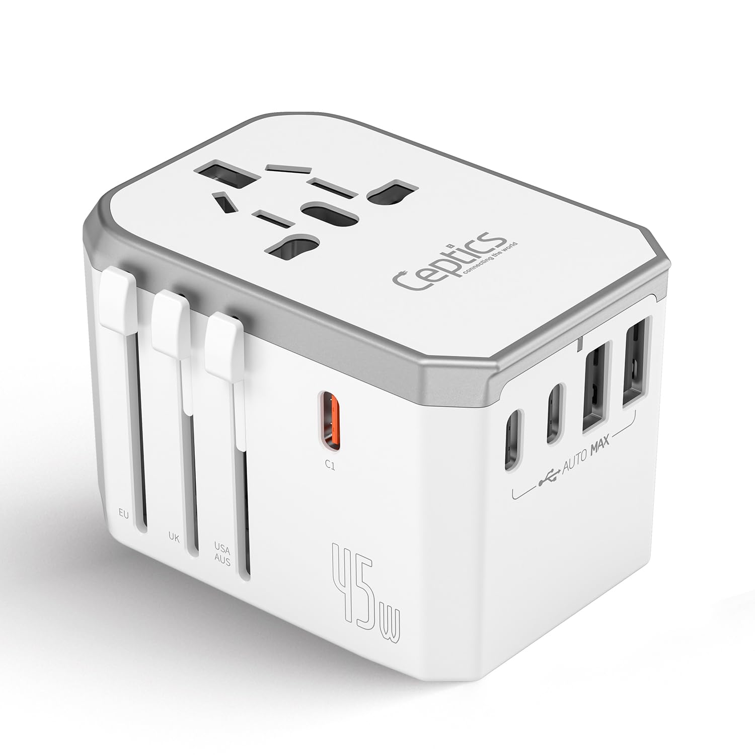 Ceptics Universal Travel Adapter W/ 2X Usb A And 3X Usb C, 6 In 1 Travel Adapter 45W For Global Use, International Adapter For M