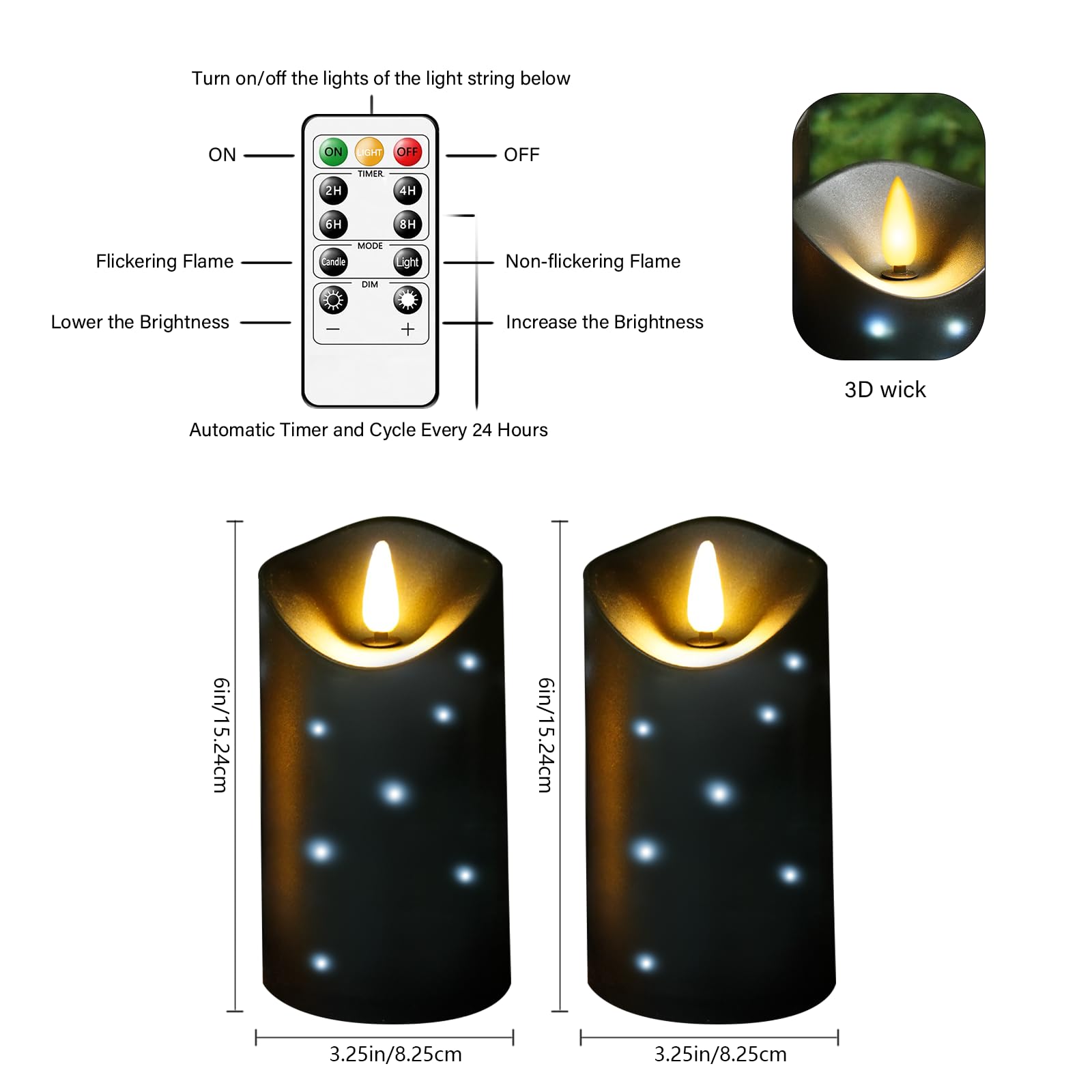 Kakoya Outdoor Waterproof Flickering Flameless Candles With Embedded Star String,2Pcs Led Pillar Candles Battery Operated With R
