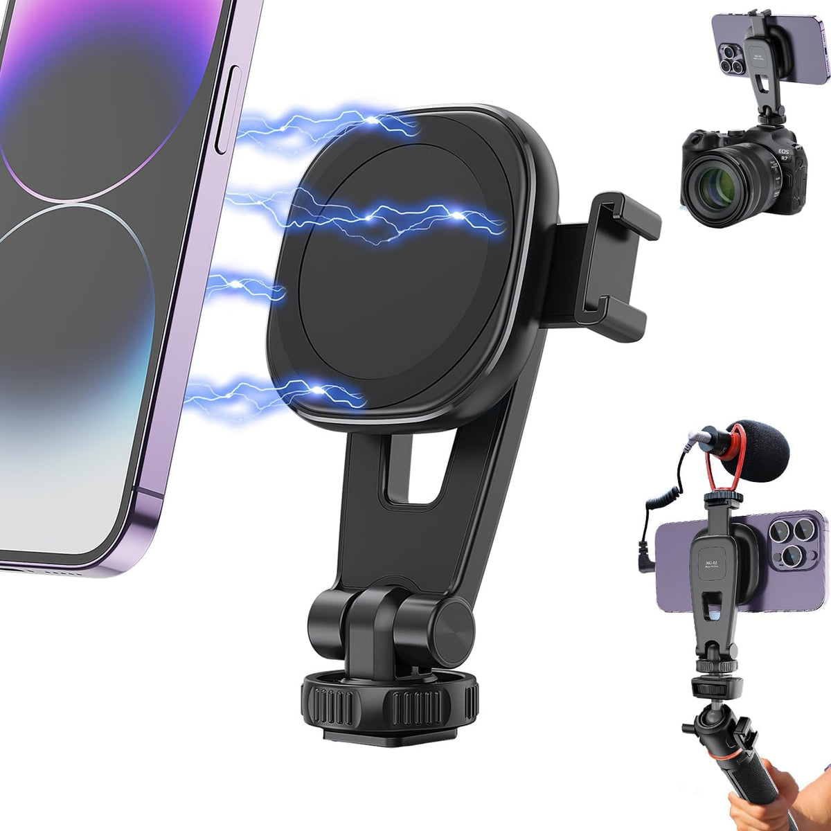 Hafoko Strong Magnetic Iphone Tripod Mount Camera Tripod Holder Magnet Phone Adapter Desktop Tripod Clamp Stand With 1/4' Cold Shoe 360� Rotation Compatible For Iphone 14 13 12 Series Camera