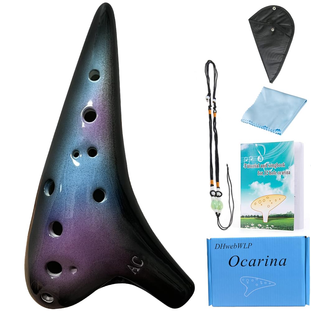 Dhwebwlp 12 Hole Ocarina Instrument With Song Book For Beginner,Alto C Ceramic Ocarina(Starry Blue & Purple & Black)
