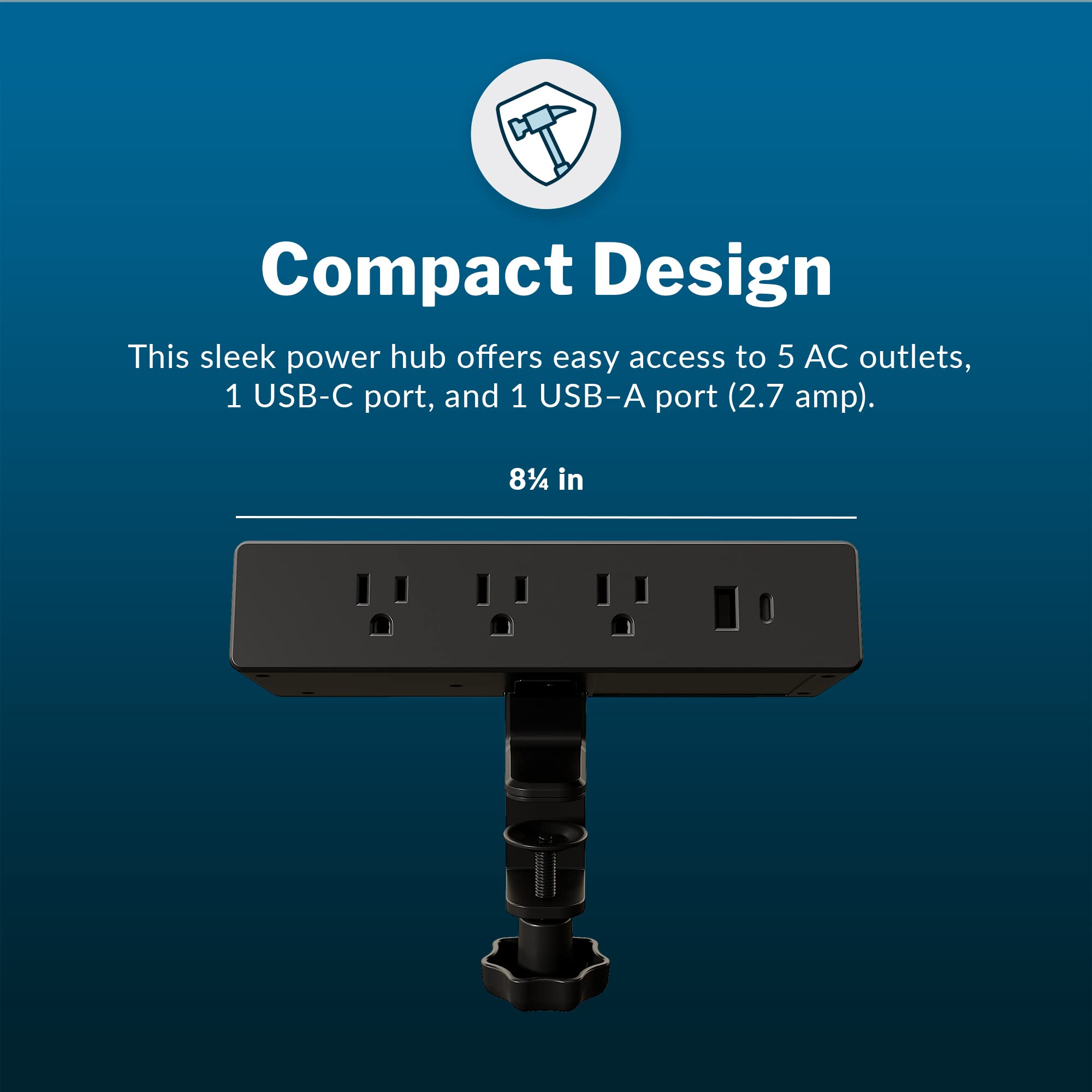 Vari Power Hub   Desk Mount Power Charging Station With Multiple Outlets   5 Ac Outlets, 2 Usb Ports, 12'' Cord   Fast Charging