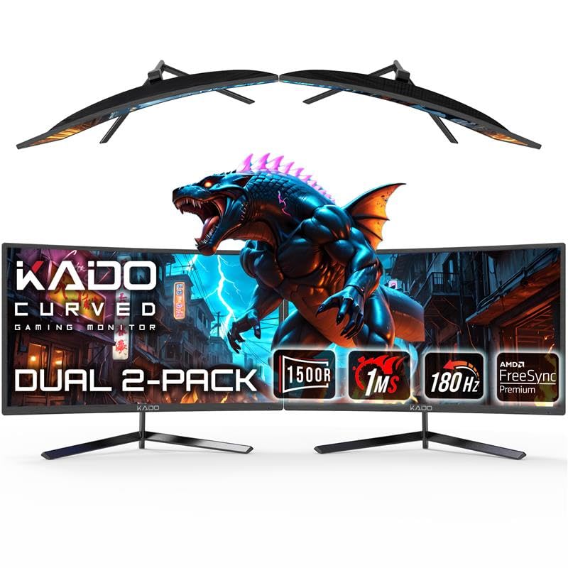 Kado 24 Class Dual Gaming Monitor Setup - 2-Pack 24 Curved 1500R 180Hz 1ms 1920x1080 Computer Monitor, Parallel Gaming AMD FreeS
