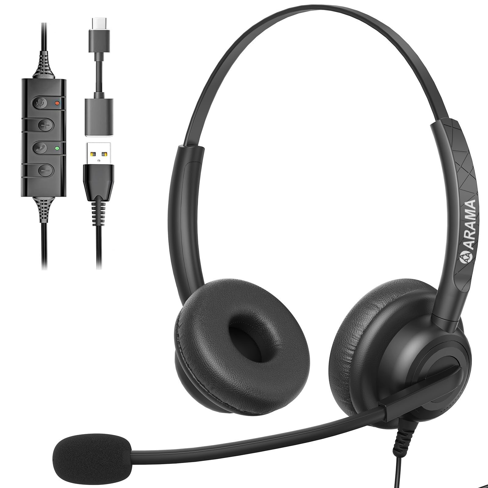 Arama Headset With Microphone For Pc, Usb Headset With Noise Canceling Microphone For Laptop, Wired Computer Headset With Mute For Home Office Online Class Skype Zoom Meetings